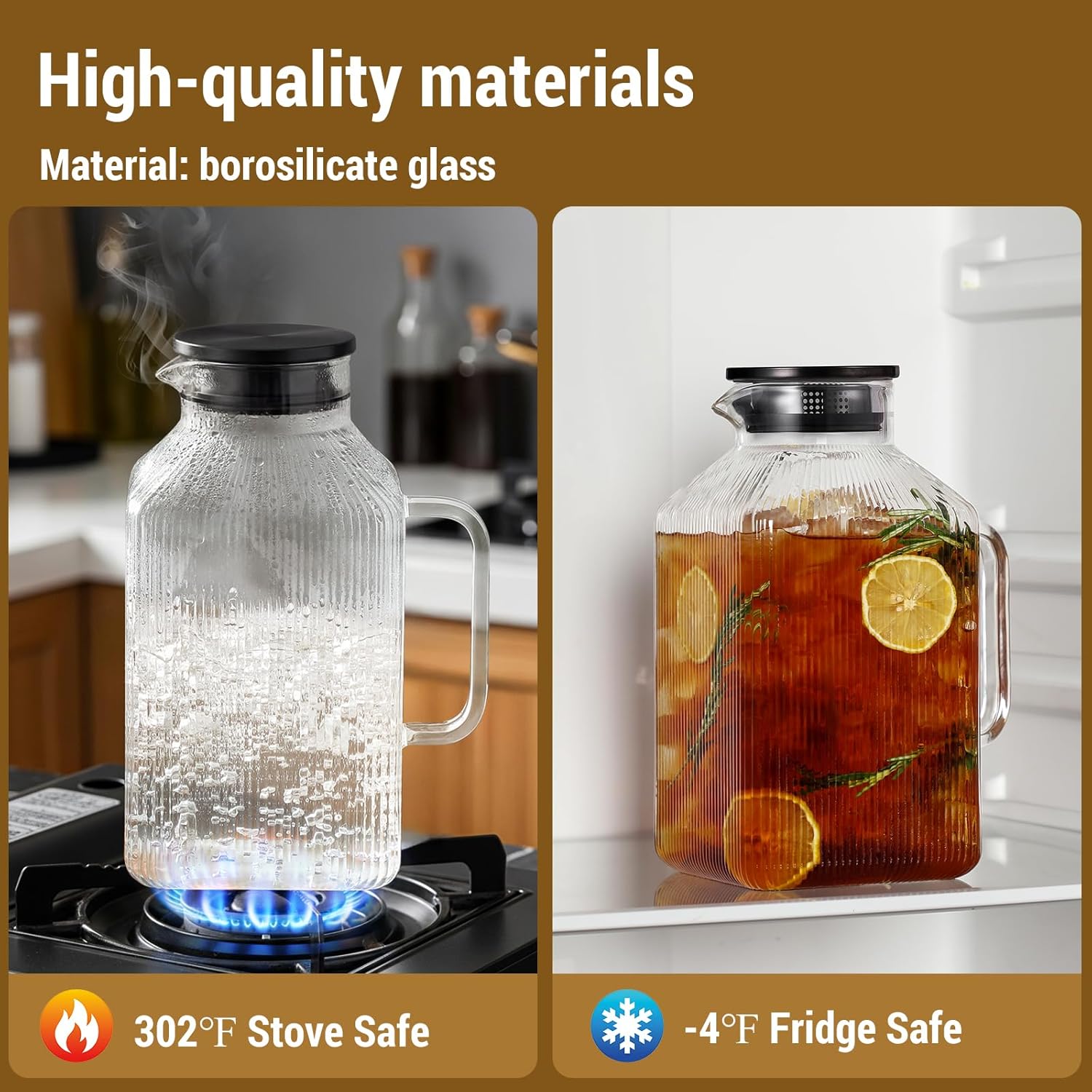 1 Gallon Square Glass Pitcher with Lid, Classic Stripes Water Pitchers for Fridge, Borosilicate Glass Carafe for Hot/Cold Brew Drink, Extra Large Jug with Handle for Iced Tea, Coffee, Juice, Black