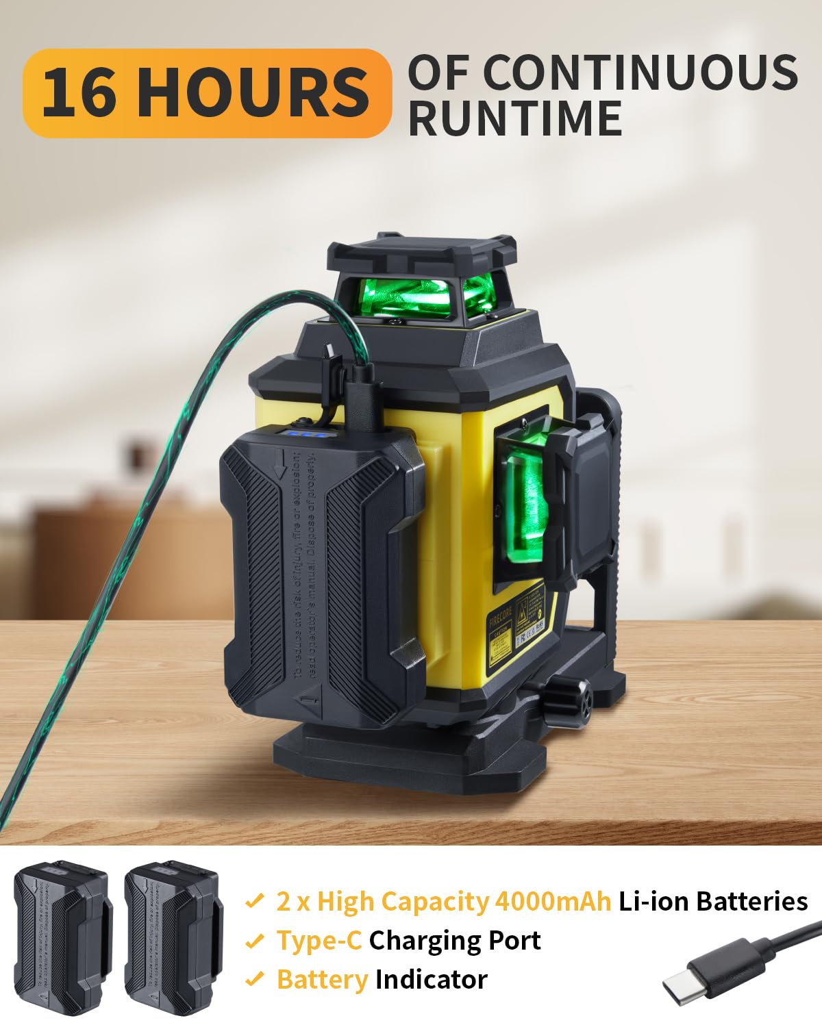 Firecore Nivel láser, Nivel Laser Autonivelante 3x360 con trípode, Alta Precisión ±2 mm/10 m, Láser Level Verde con Batería de Litio 8000 mAh, Ideal para Obra de Construcción y Renovación