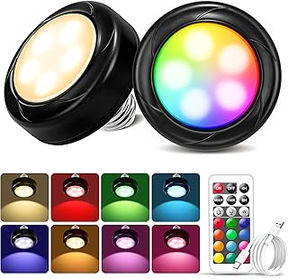 Rechargeable Light Bulbs [2 Count],13 RGB LED Tap Light, 1200mah Battery Powered LED Light Bulbs, E26 Battery Operated Light Bulb With Remote, Puck Light, Emergency Lamp,Timer,Dimmer,For Non-Hardwired