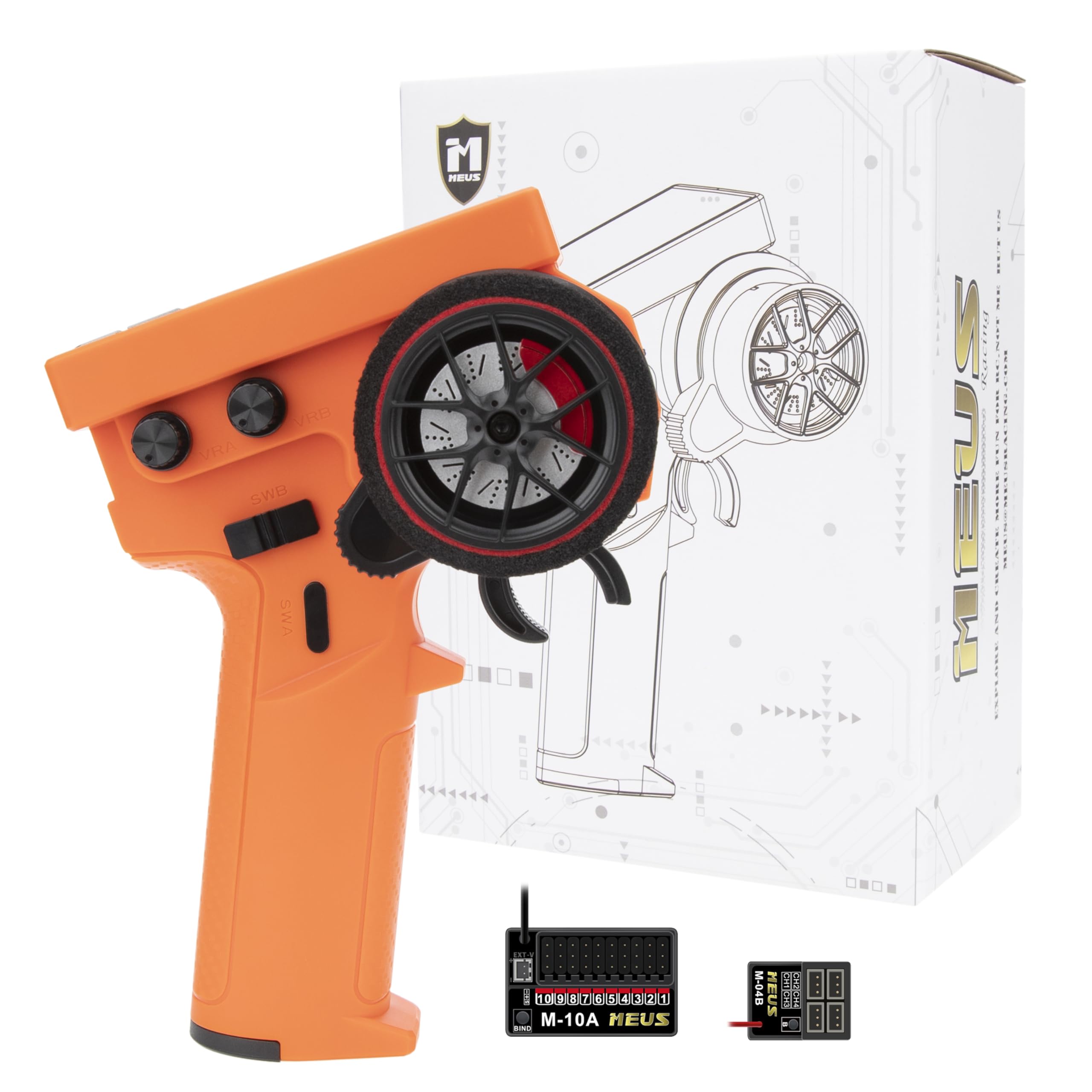 MEUS RACING ME-10B RC Transmitter 10 Channels 2.4GHz and Receiver with Coach Mode for 1/8 1/10 1/18 1/24 RC Crawler Car Boat TRX4 TRX4M SCX10 SCX24 Upgrades Parts (Orange - 2 Receivers)