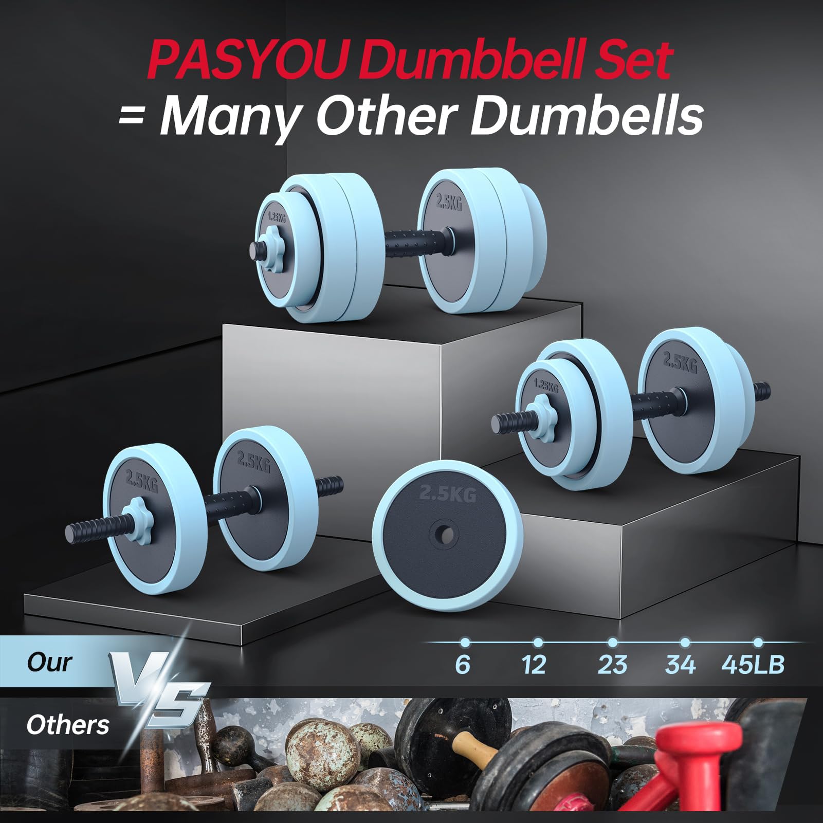 PASYOU Mancuernas Ajustables 20kg Set 4 en 1 Multifunción, Incluye Pesa Rusa, Barra y Soporte de Flexiones para Entrenamiento Fitness Doméstico