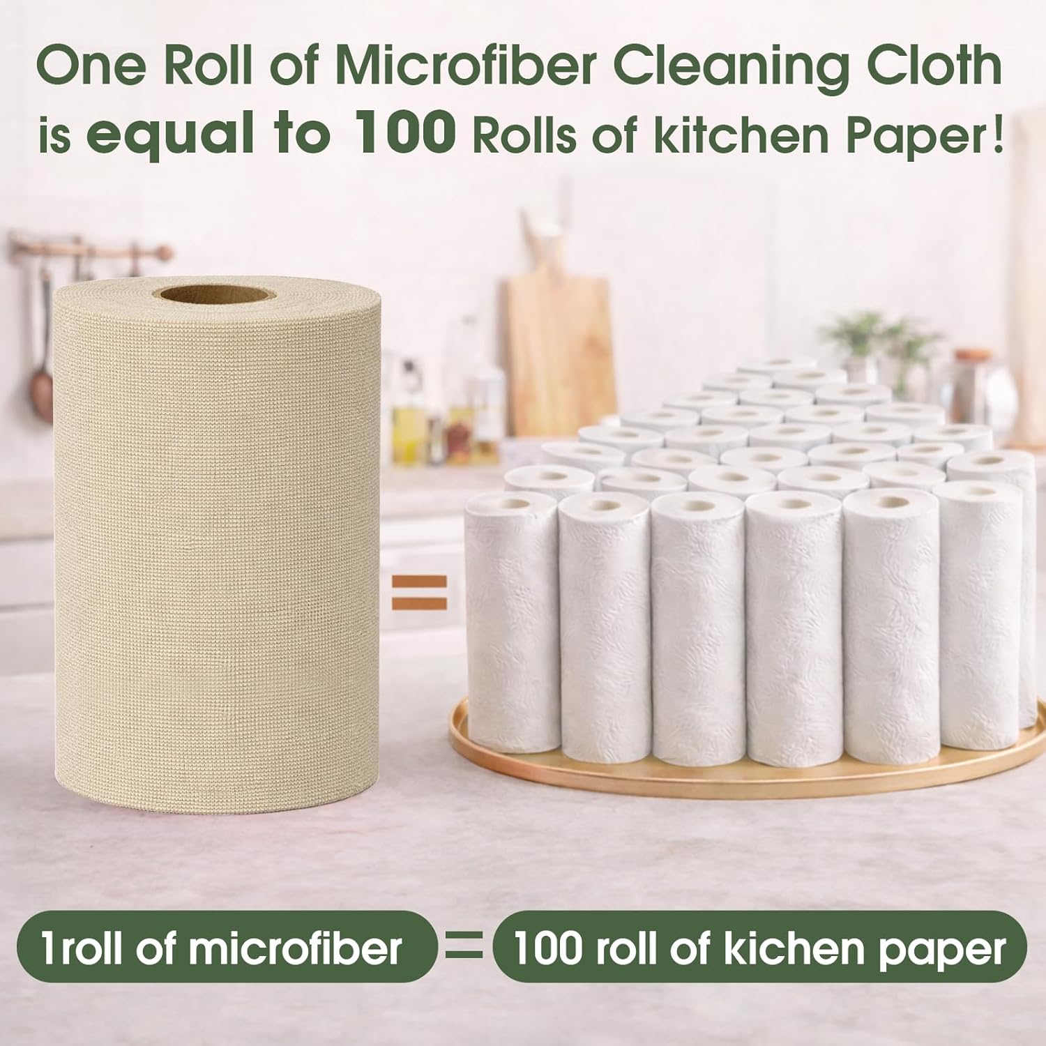Microfiber Cleaning Cloth Roll - 100 Pack Tear Away Microfiber Paper Towels, Reusable, Washable, Scratch-Free, Kitchen Towels for Car, Home, Kitchen, Glass, Dishes(Desert Gold)