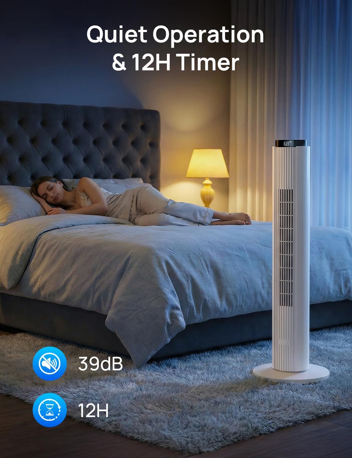 ZAFRO Tower Fan for Bedroom, 37'' Cooling Fans with 4 Modes 6 Speed levels, 1-12H Timer, LED Touchpad, 80° Oscillation Floor Fan for Household Use, White