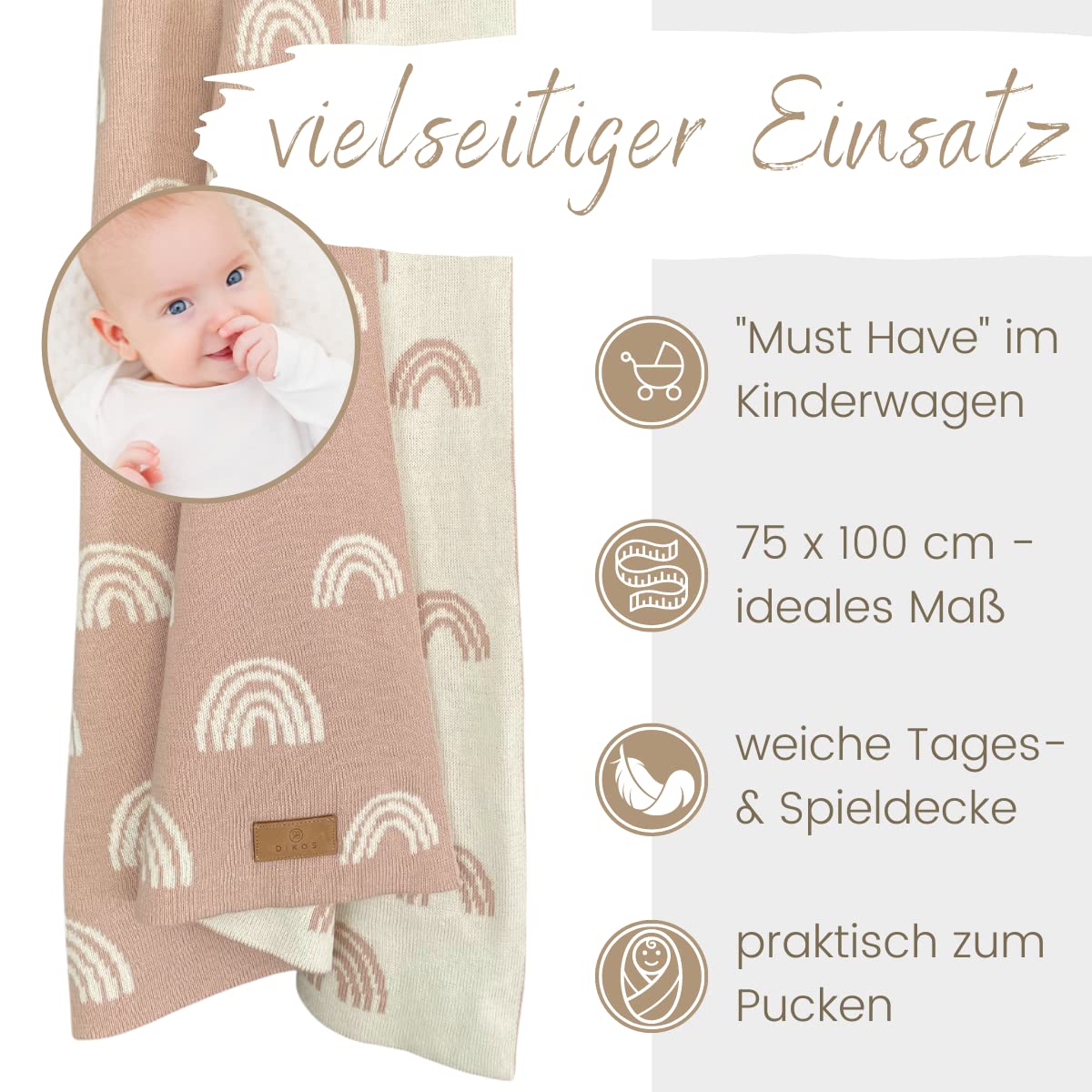 DIKOS® Babydecke Bio Baumwolle Mädchen Regenbögen rosa – 100% GOTS Zertifiziert – Strickdecke – Neugeborenen Baby Decke Erstlingsdecke Altrosa – Kinderwagendecke Geschenk zur Geburt