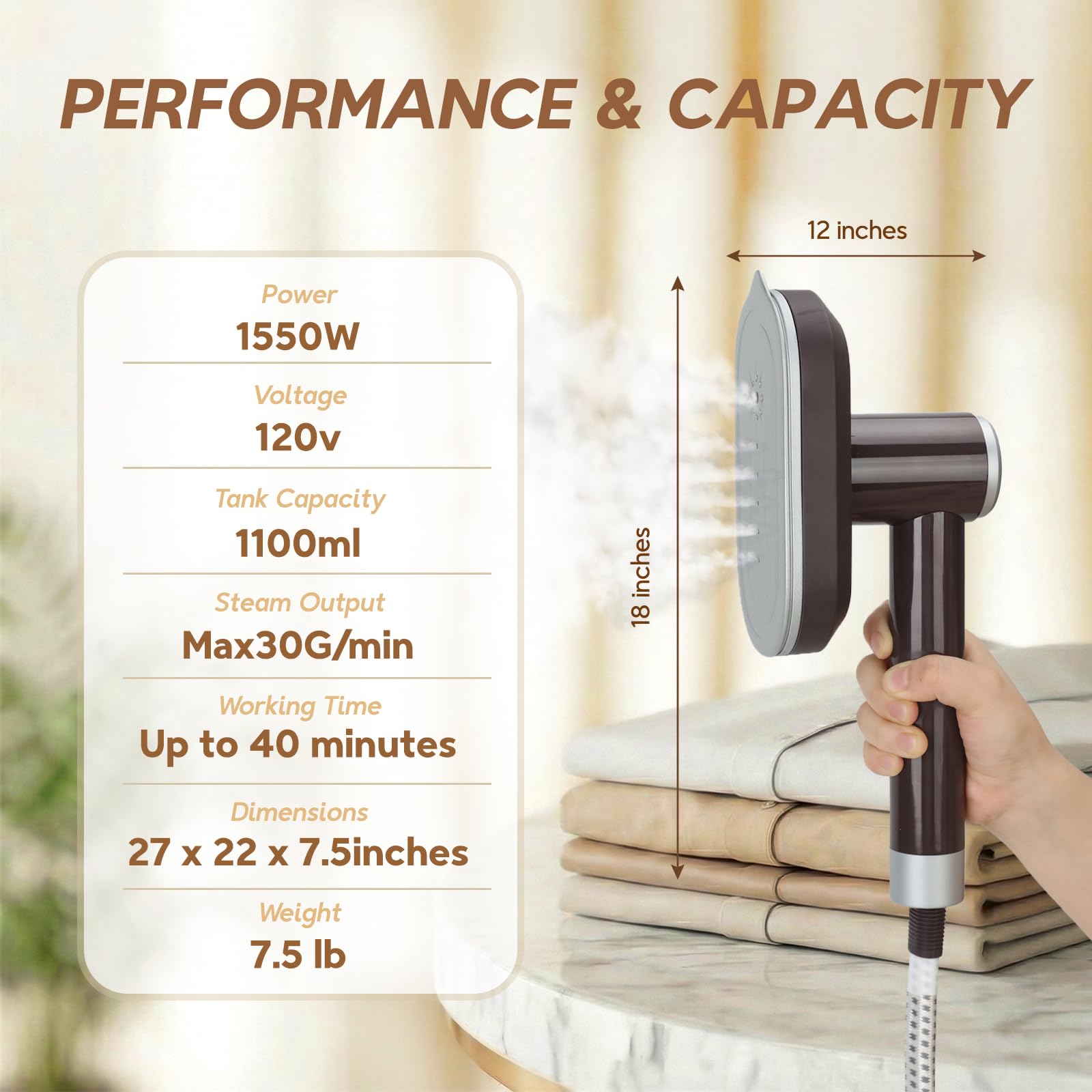 2 In 1 Steamer for Clothes: 1550W Powerful Steamer with 1100ml Detachable Tank, 30s Fast Heat-Up, Horizontal & Vertical Use, Portable Wrinkle Remover for Clothes Drapes Bedding (Brown) image 8