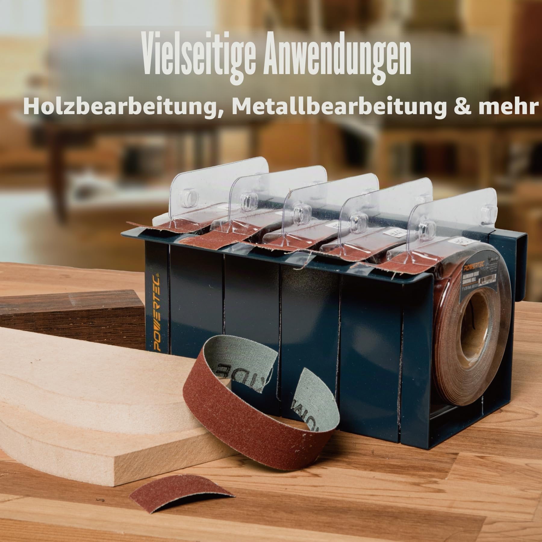 POWERTEC 4RA2101 Schleifpapierrollen aus Metall für Automobil/Holzbearbeitung | Schleifpapierspenderbox mit 5 Rollen zum Schleifen - inkl. verschiedenen Körnungen 150/240/320/400/600