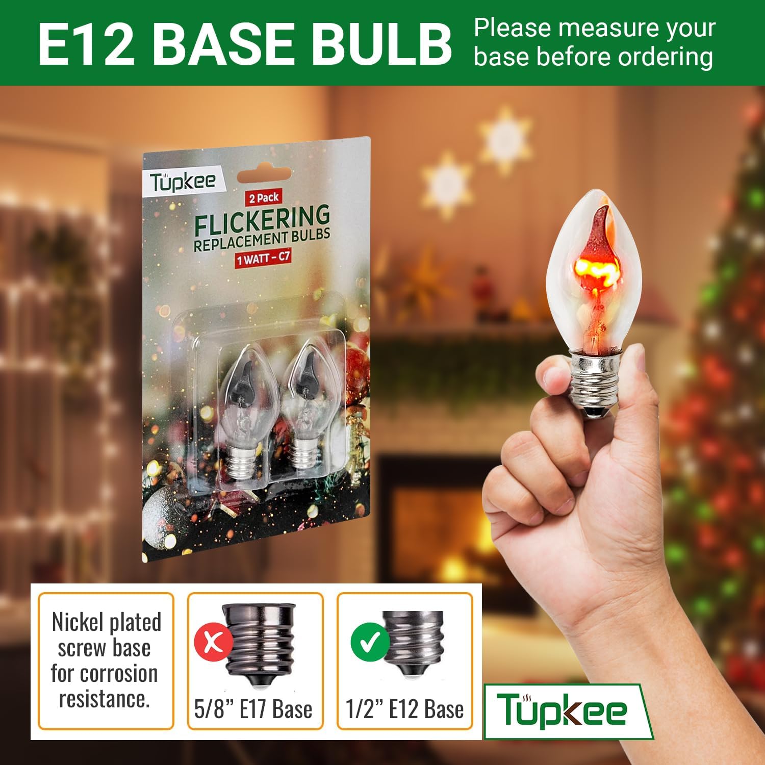 Tupkee C7 Flickering Flame Bulb – 1W, Flicker Flame Light Bulb with a Orange Glow That Flickers and Dances Up and Down - Replacement for E12 Base Halloween, Christmas Candolier Window Candle - 2/Pkg