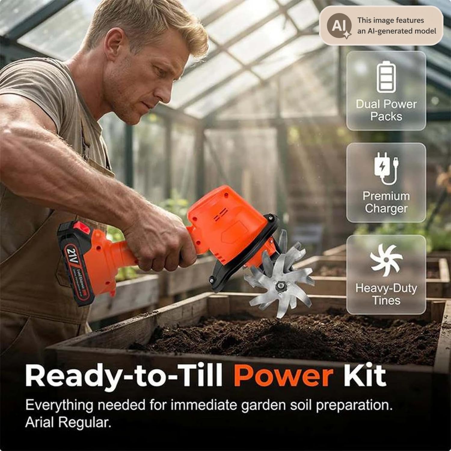 Cultivador eléctrico inalámbrico 21V, 235 RPM, Ancho y Profundidad de Trabajo 10 cm, con 2 baterías, Herramienta portátil Ligera para aflojar la Tierra del jardín y Eliminar Malas Hierbas