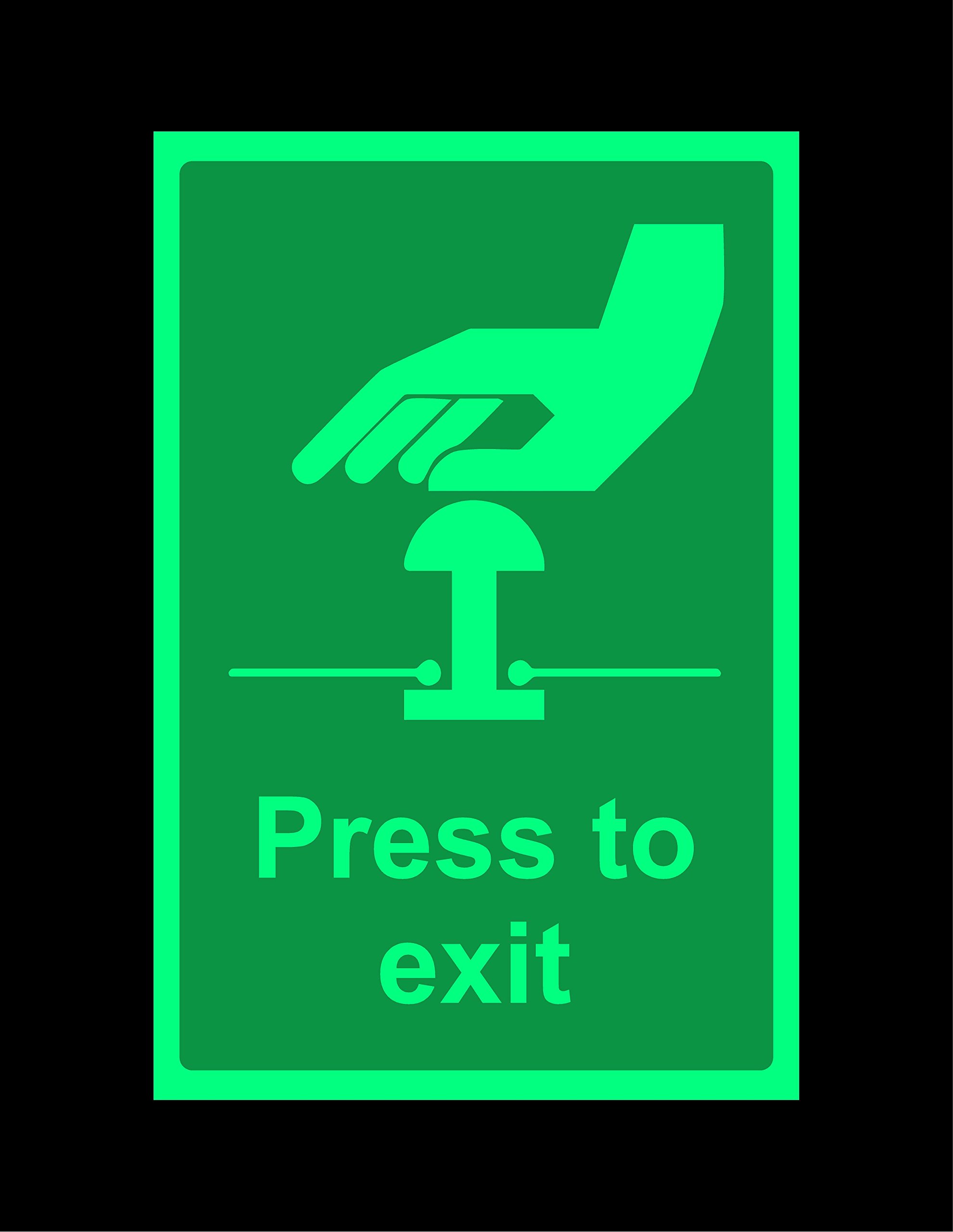 Press to exit safety sign - 300mm x 200mm 1.2mm Photoluminescent rigid plastic with self adhesive backing