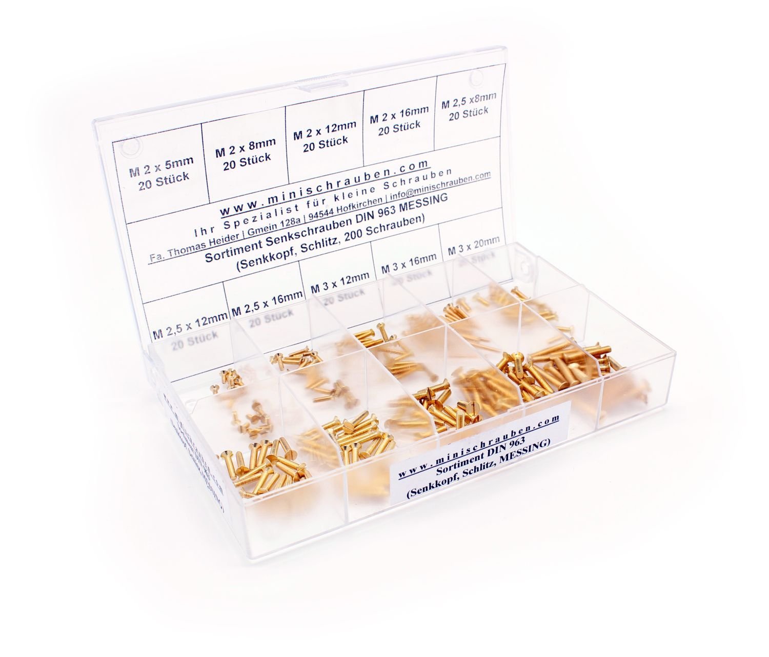 Caja organizadora con 200 tornillos avellanados pequeños según DIN 963 de latón (M2, M2,5 y M3), ranura, cabeza avellanada. Surtido de mini tornillos con caja etiquetada