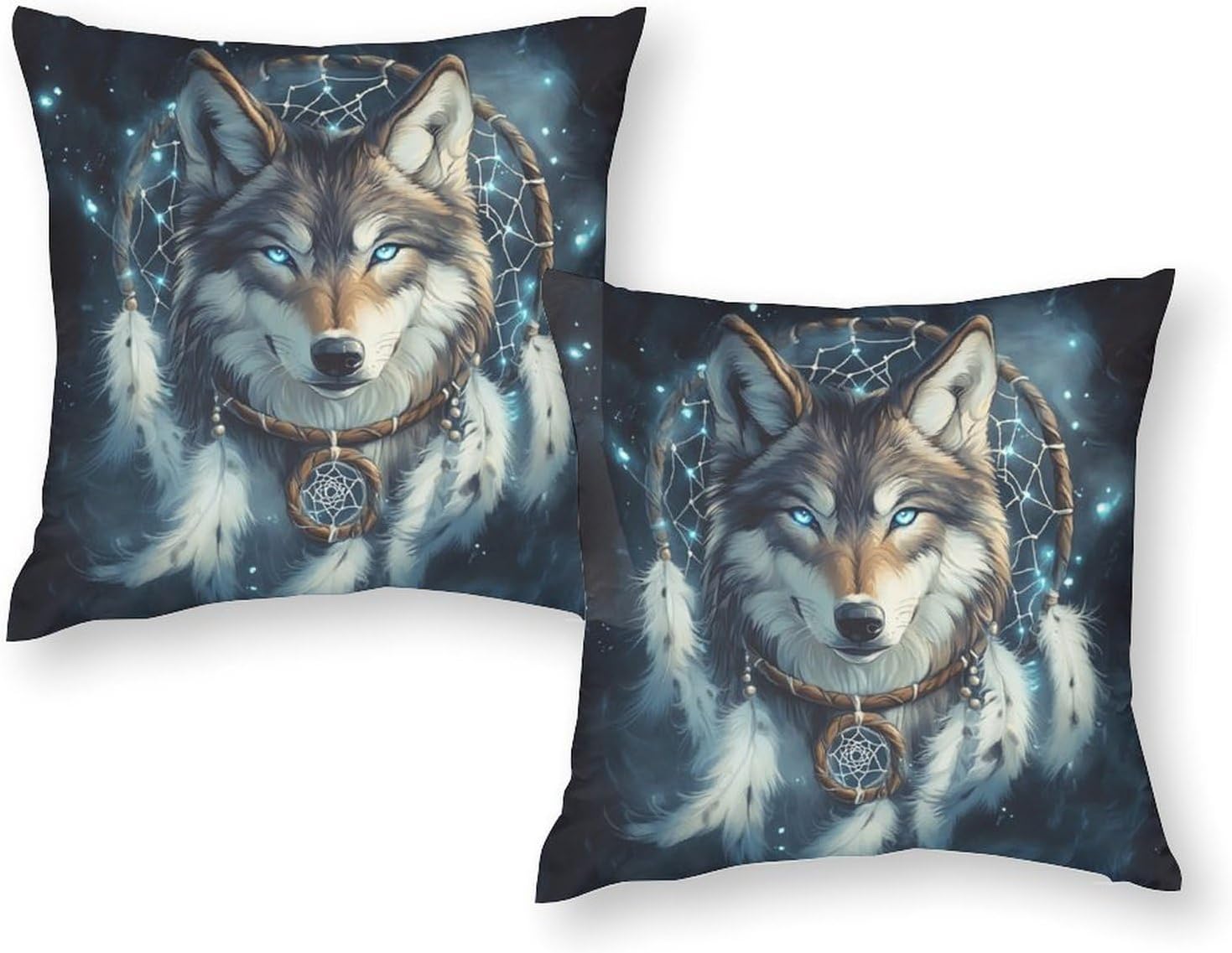 2 Packs Mystical Wolf Animal Throw Pillow Covers for Living Room, Fantasy Dream Catcher Pillow Covers Cushion Case for Couch Sofa Bed, 20x20 inch