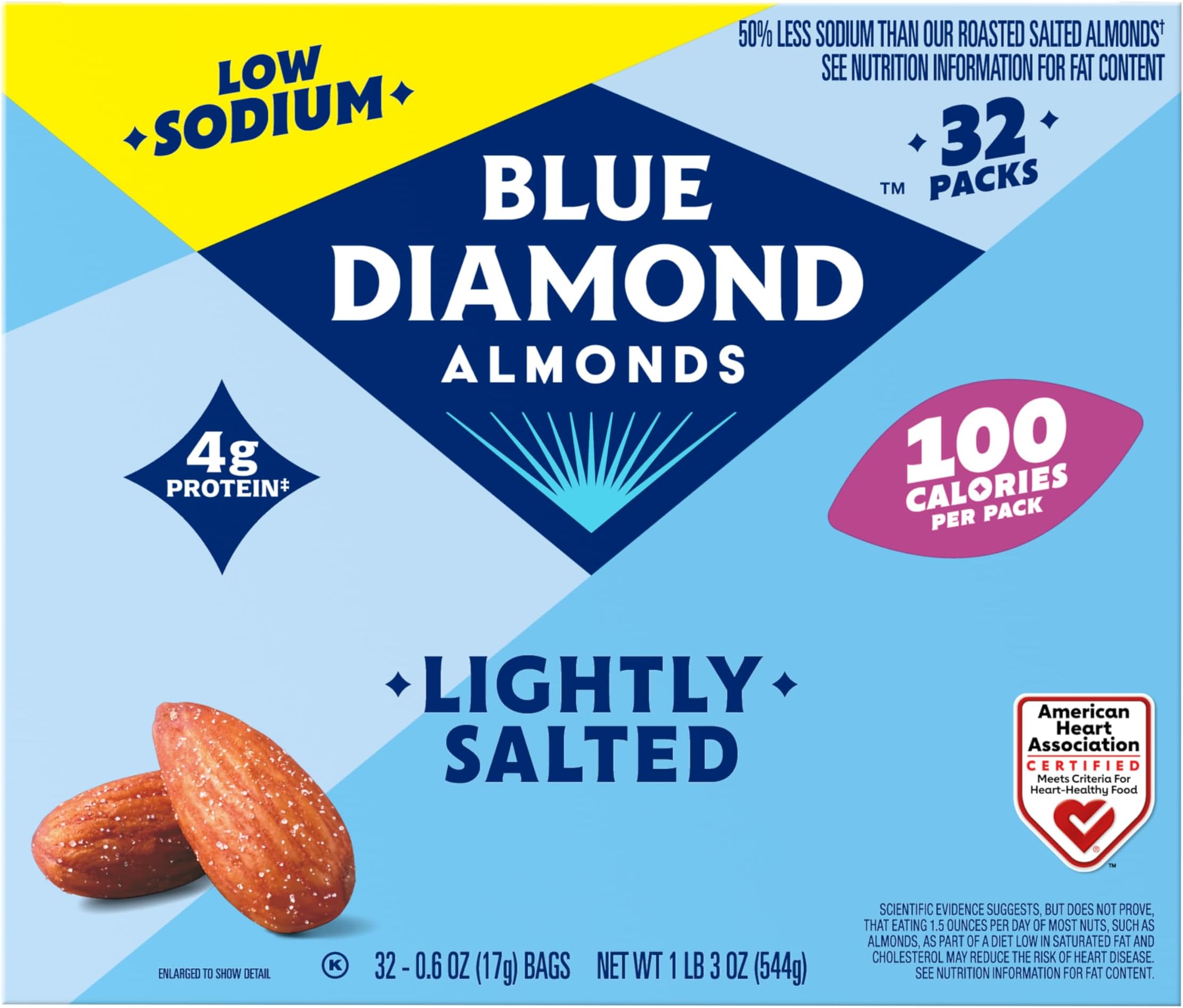 Blue Diamond Almonds Low Sodium Lightly Salted Snack Nuts, 100 Calorie Packs, 0.6 Ounce (Pack of 32)