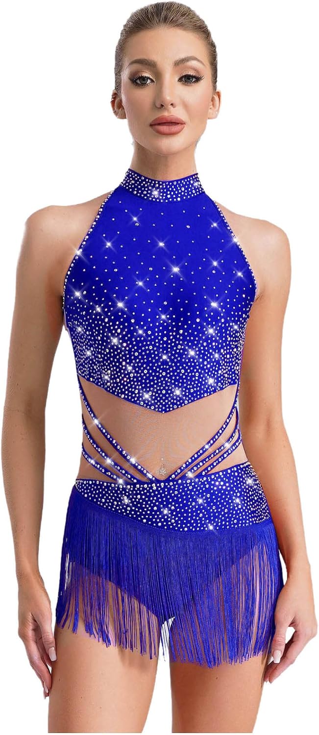 Yhong Latin Jazz Dance Costume for Women Fringe Bodysuit Rumba Samba Salsa Dancing Party Unitards