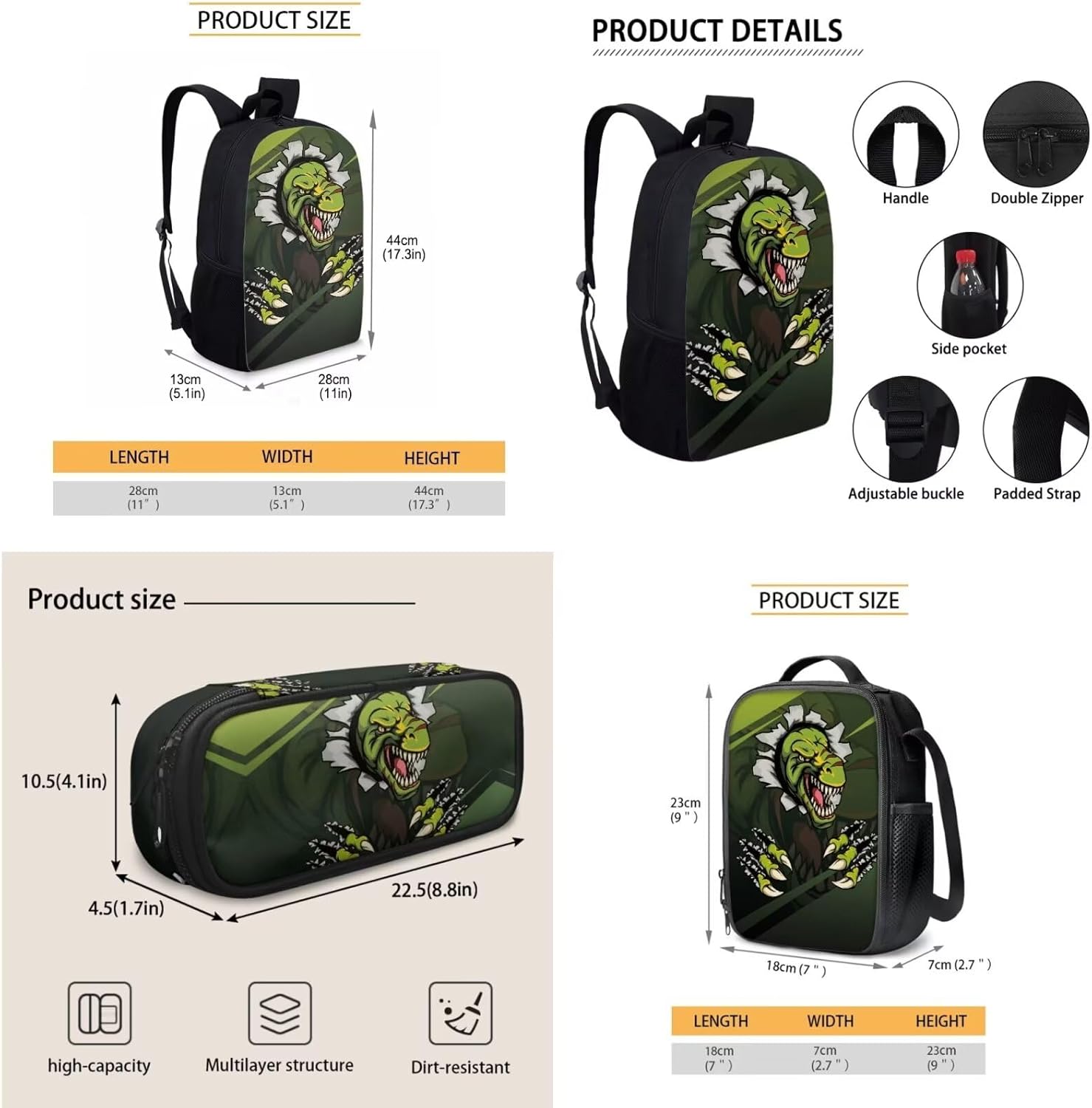 Cool Dinosaur Pattern Kids Backpack for Girls Boys,Kawaii School Bag with Two Side Pockets Lunch Box Bag with Shoulder Strap Zipper Closure Pencil Case Pouch 3 Pack Set (Green)