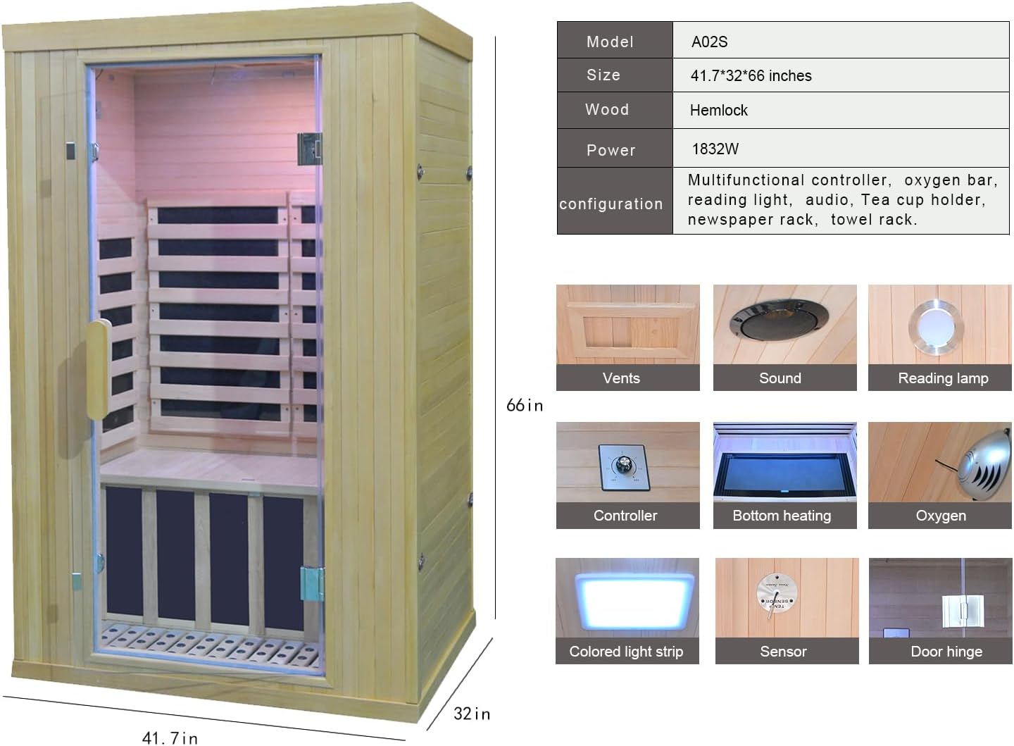 Home Infrared Sauna 2 Person Sauna Wooden Canadian Hemlock 1650W Low Emf Graphene Carbon Plate Heater Indoor Saunas Spa 41.7 * 32 * 66 inches