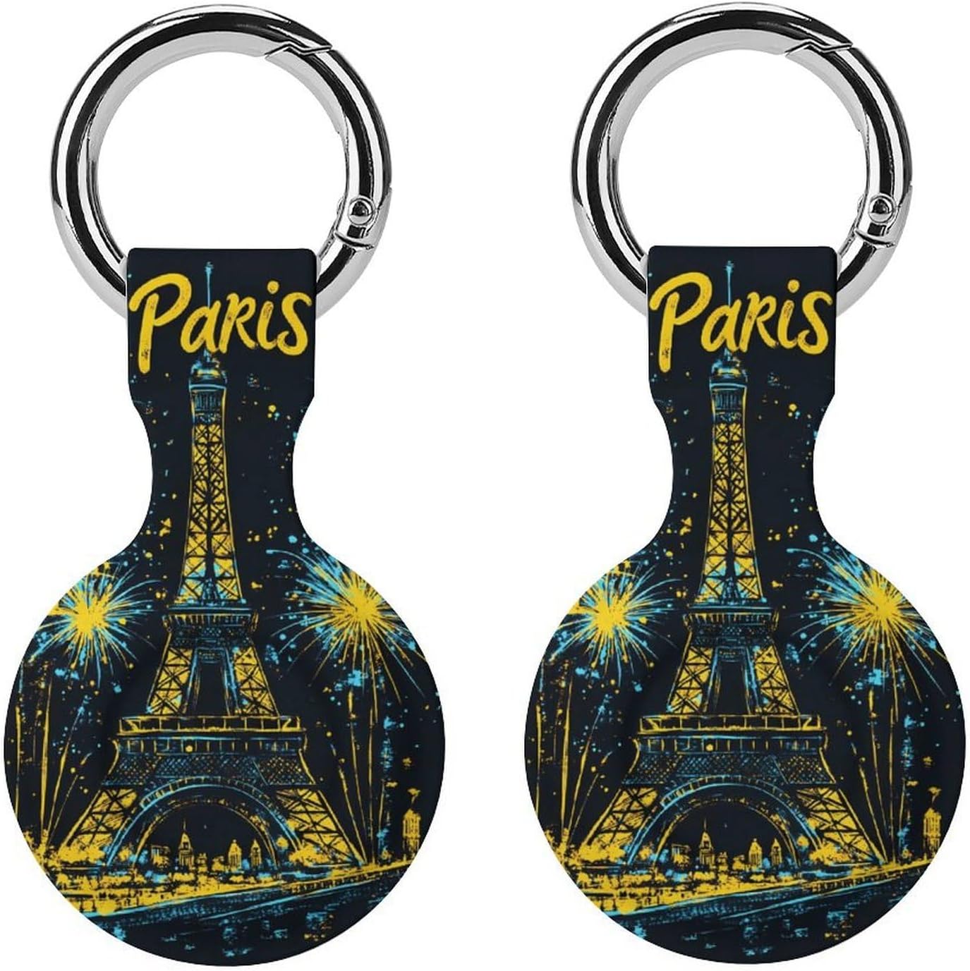 Vintage Paris Eiffel Tower Fireworks Funny Cover Compatible with AirTag Case Protector GPS Tracker Holder with Keychain