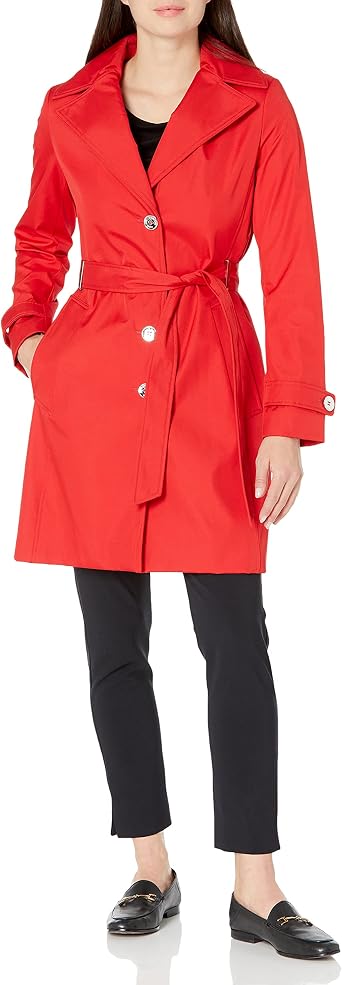 Calvin Klein Womens Single Breasted Belted Rain Jacket With Removable Hood