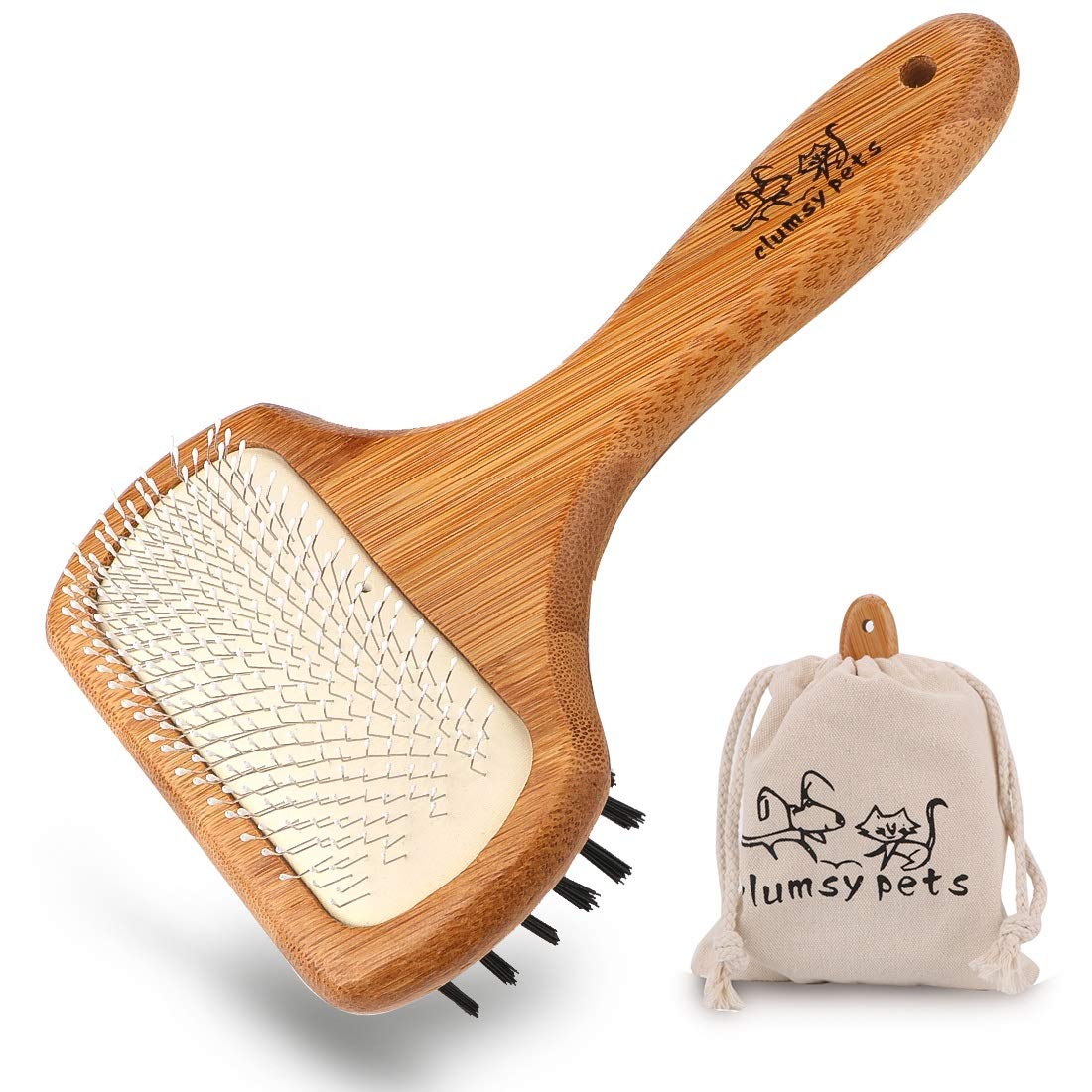 clumsy pets Dog Brush, Pet Grooming Slicker Brush, Double Sided Pin & Bristle Pet Brush with Bamboo Handle for Long and Short Hair Dog,…