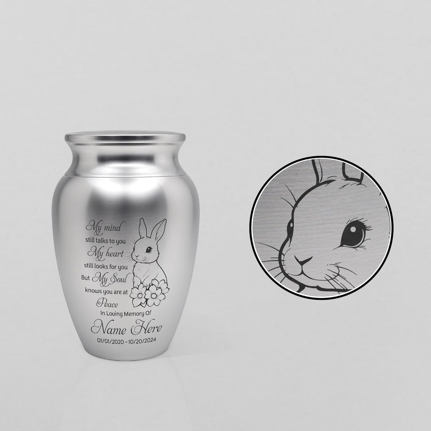 Artsy Woodsy Personalized Baby Loss Infant Mini Urns for Human Ashes Stainless Steel 2.56 inch, Angel Wings Heaven Keepsake, Memorial Gifts Small Urn for Child Baby Boy & Girl (Rabbit 2, 2.56x1.77)