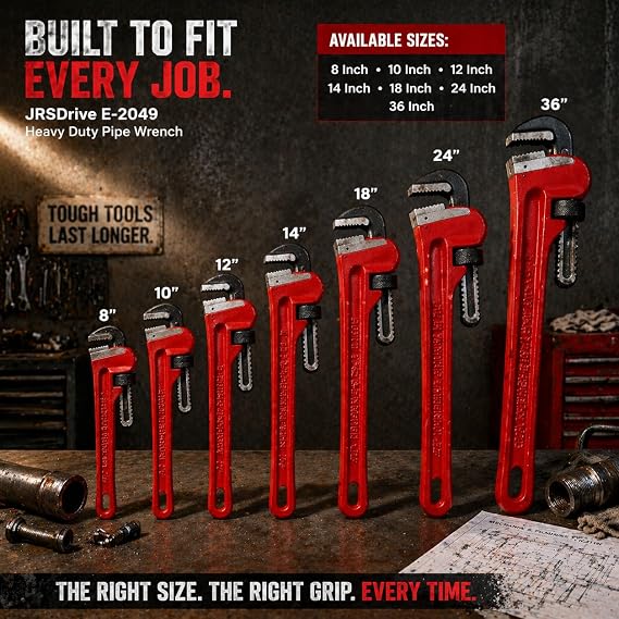 Heavy Duty Pipe Wrench, 18 Inch Adjustable Straight Plumbing Wrench, Hardened Steel Jaws with Professional Cast Iron Handle for Industrial, Construction, and Home Maintenance E-2049