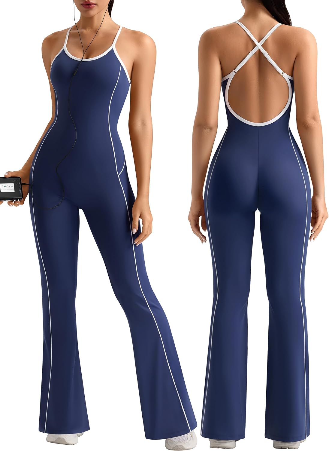 Relety Womens Flare Workout Jumpsuits Scoop Neck Cross Straps Backless Romper Contrast Trims Padded One Piece Yoga Unitard