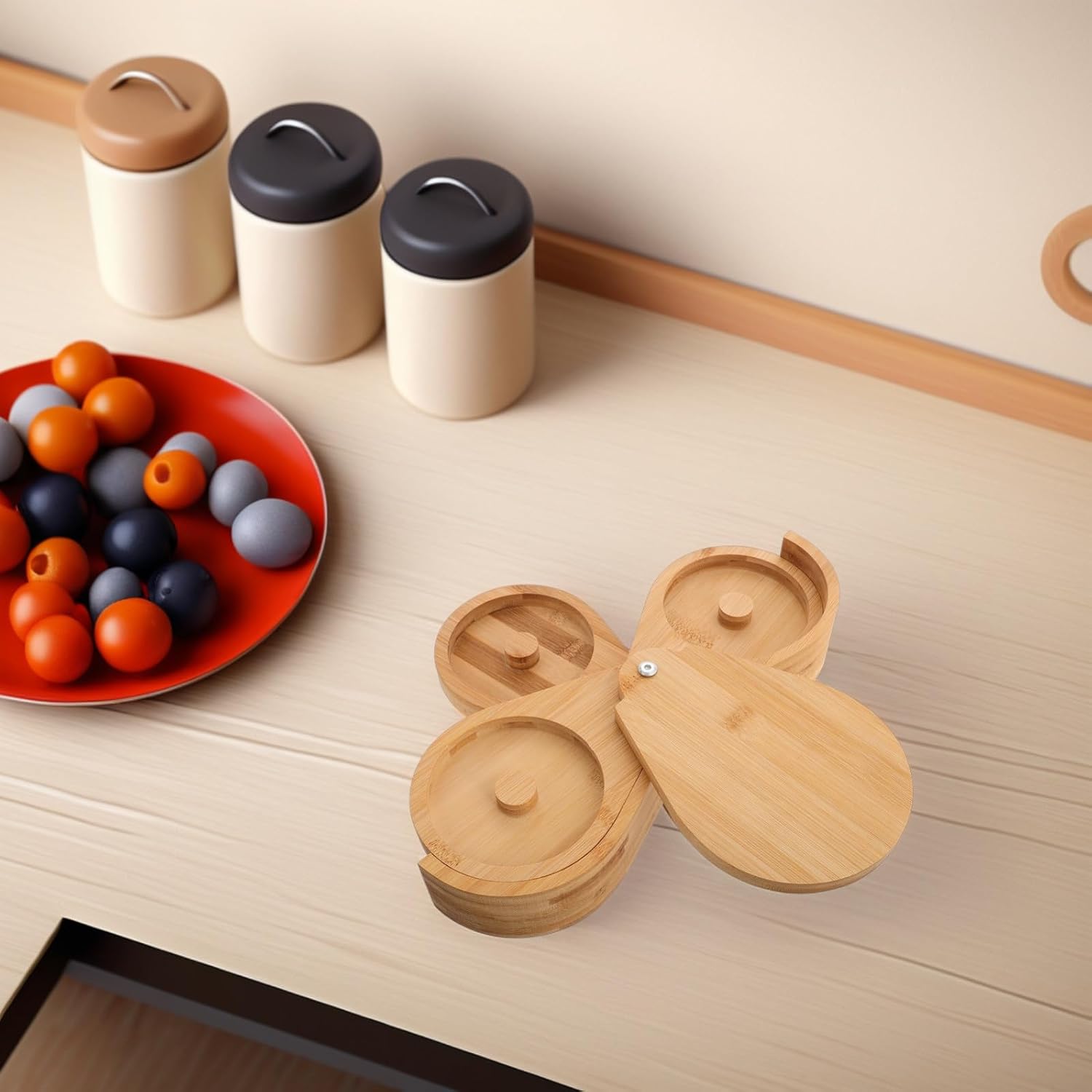 VICASKY Three-layer Salt Sugar Container with Lid, Rotating Wooden Spice Holder for Cocktail Bars and Home Kitchen Seasoning Organizer 20x6.6cm Natural Wood