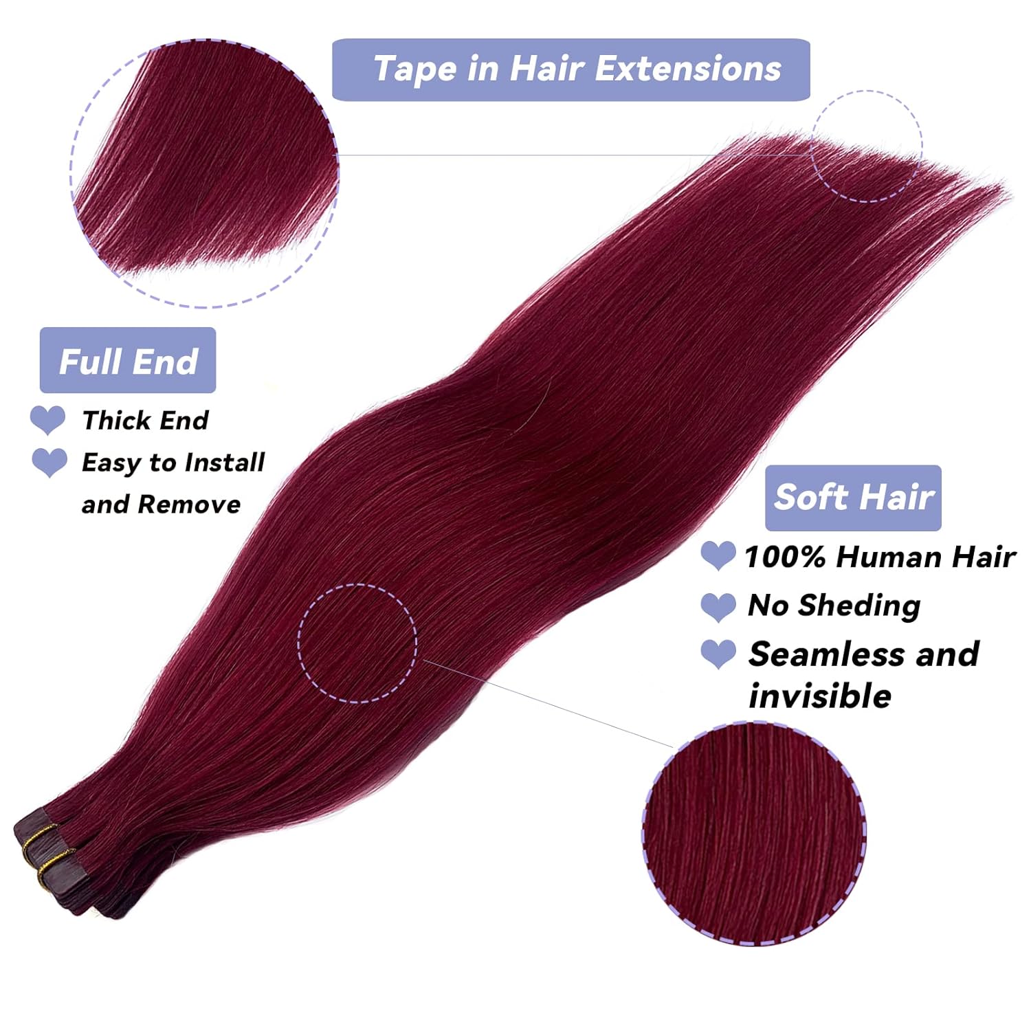 Burgundy Tape in Hair Extensions Real Human Hair for White Women, 16 Inch 99J Wine Red Tape in Remy Hair Extensions 30g 20pcs Seamless Skin Weft Silky Straight Red Hair Extension