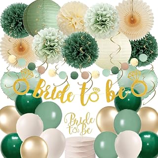 Bridal Shower Decorations Sage Green and Gold Bachelorette Party Decorations Balloons Retro Olive Green Bridal Shower Party Paper Fans Poms Lanterns Kit with Bride to Be Banner Cake Topper Gold