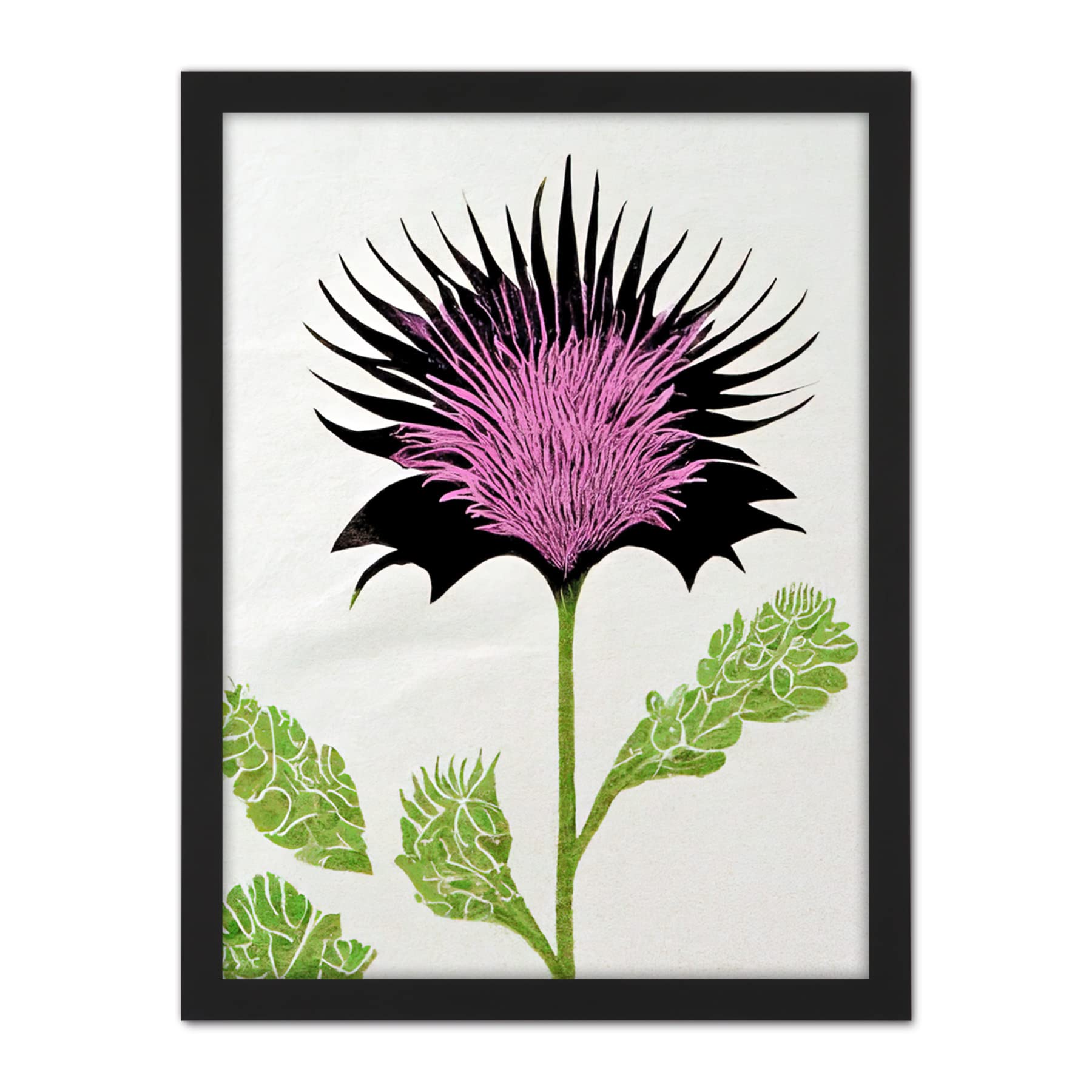 Doppelganger33 LTD Linocut Scottish Thistle Abstract Wildflower Artwork Framed Wall Art Print 18X24 Inch