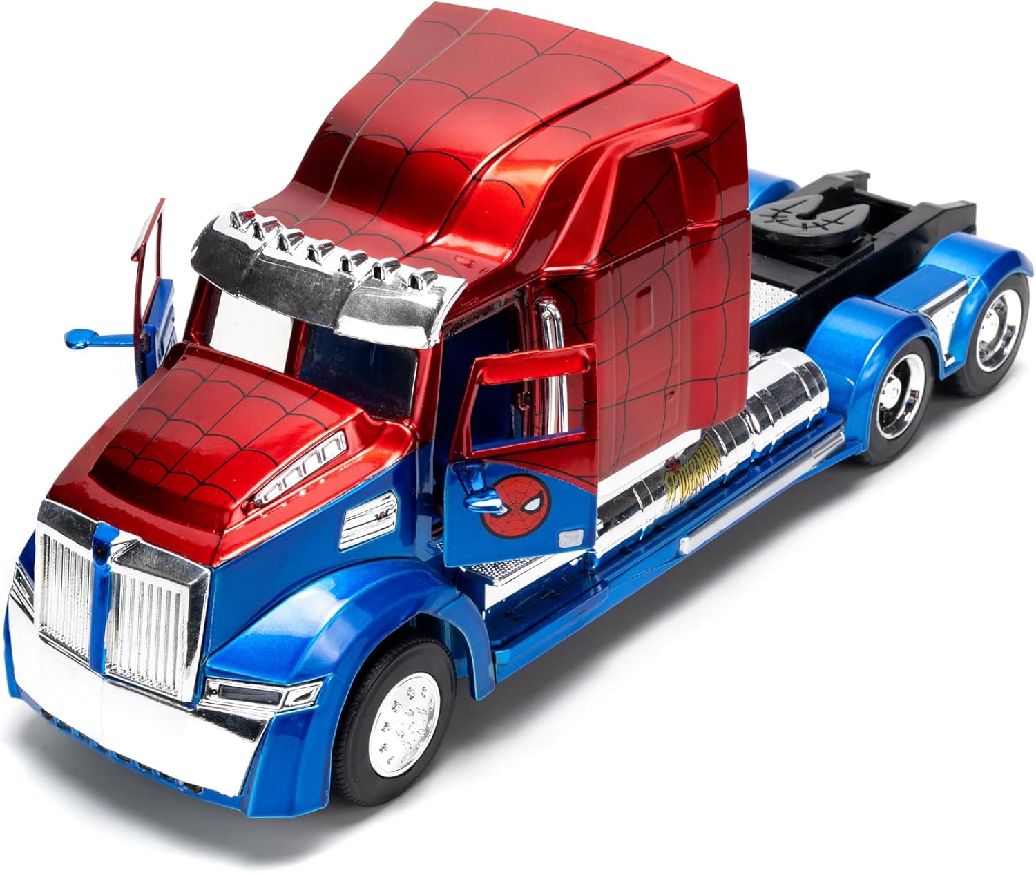Jada Spider-Man Western Star 5700 XE Big Rig - Die-Cast Vehicle - 1:24 Scale, Opening Doors, Chrome Finishes, Rubber Tires - Hollywood Rides Marvel Series - Ages 8+ - Red/Blue