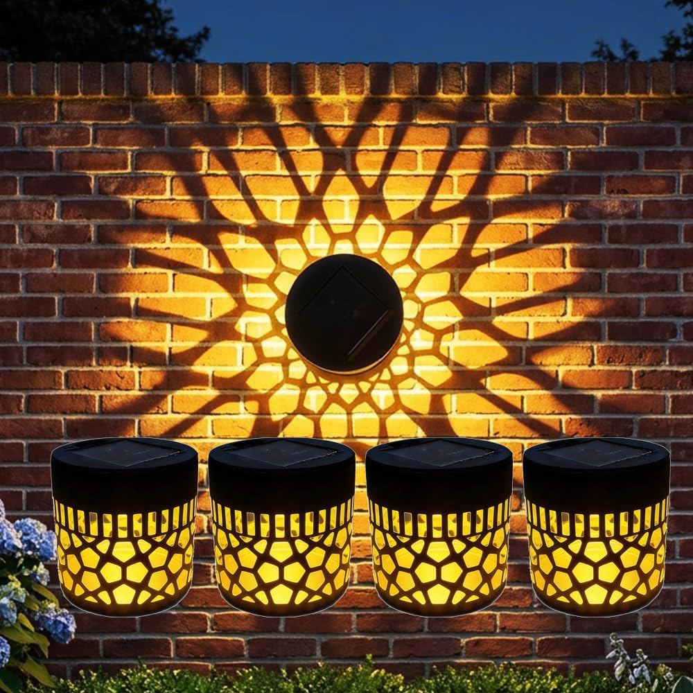 4 Pack Solar Mandala Wall Lights, Ip65 Waterproof Seven-Color Changing Decorative Solar Mandala Projection Lamp, Outdoor Waterproof Metal Fence Light for Yard Garden (4, Yellow – Circular)