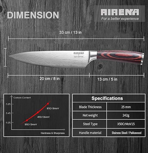 Miniatura 7 de Cuchillo de chef profesional de 8 pulgadas, cuchillo de chef de acero inoxidable alemán de alto carbono, cuchillo afilado de pelar con mango