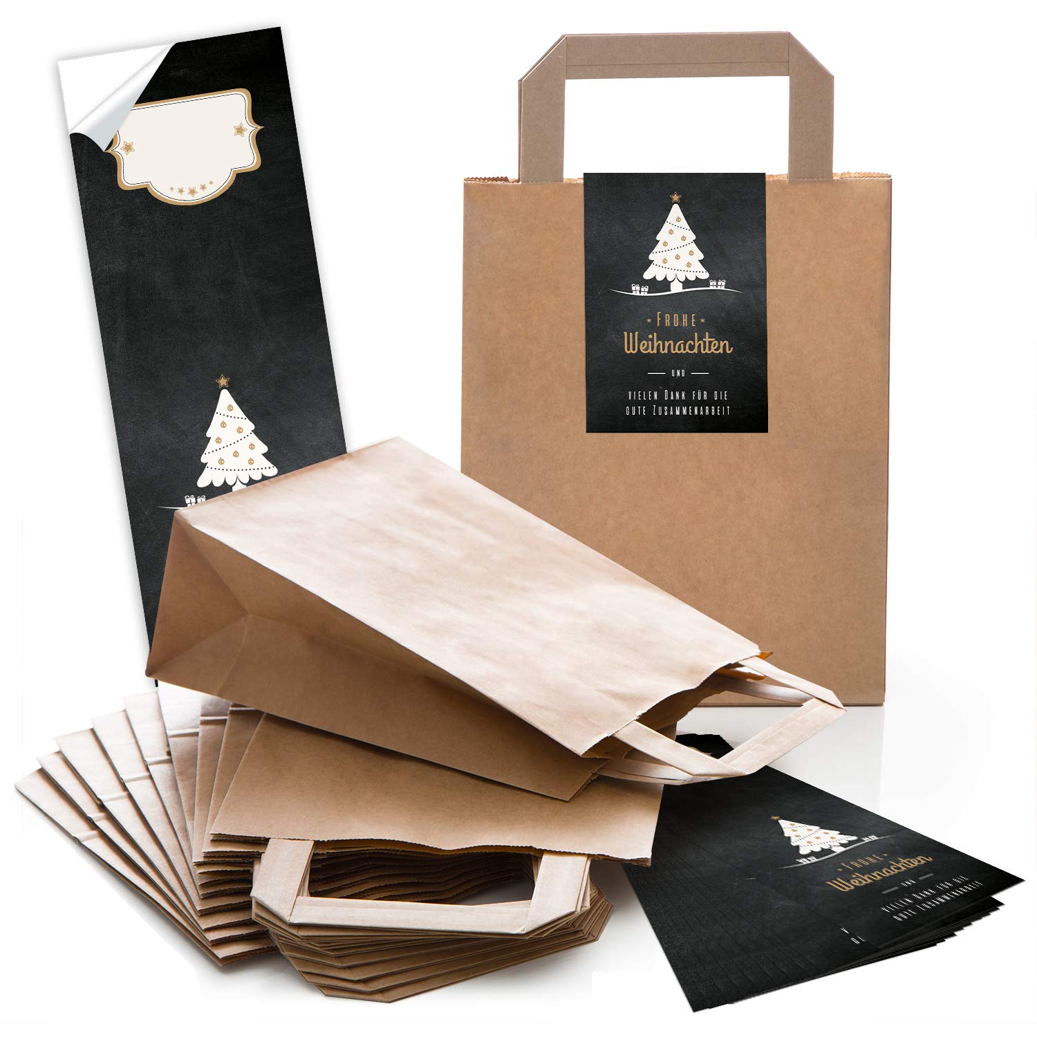 Paper-Media 25 Sacchetti Regalo In Carta Con Manico + 25 Adesivi Natalizi – 18x8x22 Cm, Colori Verde E Beige, Per Regali Fai Da Te