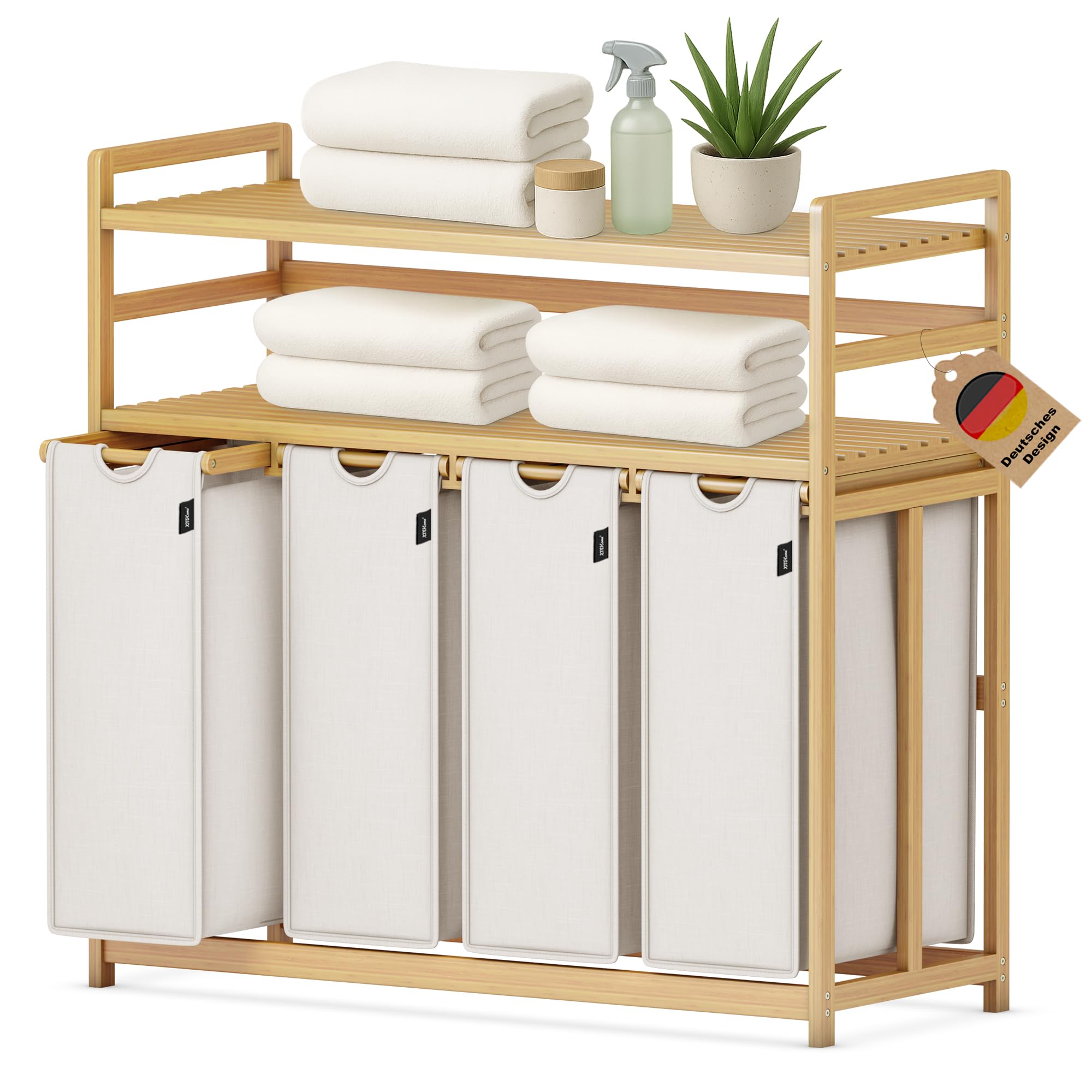 XMHome Wäschesammler 148 Liter aus Bambus mit 2 Ebenen Großer Wäschekorb mit Herausnehmbarem Wäschesack Rechteckige Wäschebox für Bad Schlafzimmer und Waschküche 77.5x41.3x100.5CM