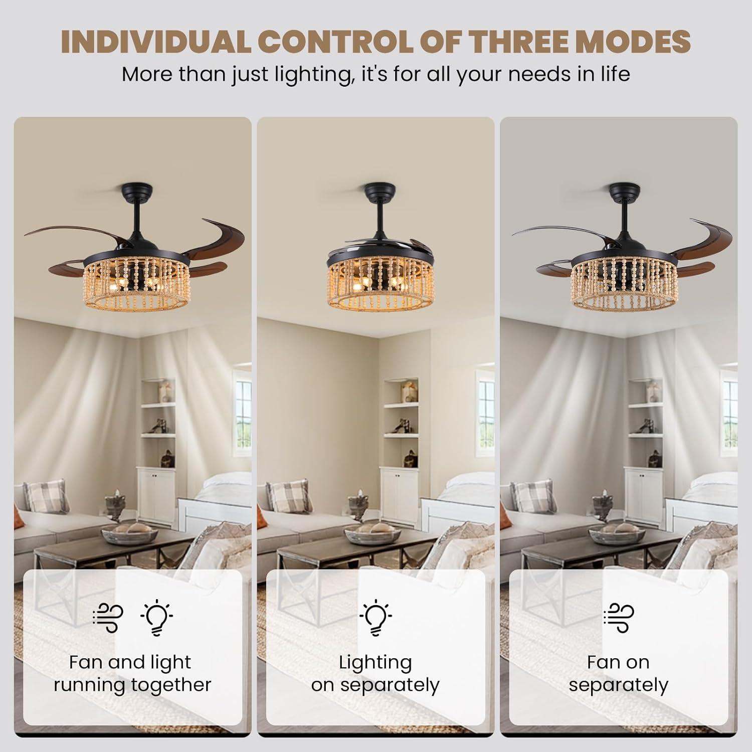 48inch Retractable Ceiling Fan with Lights and Remote, Boho Reversible Fandelier Fan Wood Beaded Farmhouse Cage Ceiling Fan Black Bohemia Light Fixture for Living Room Bedroom Kitchen