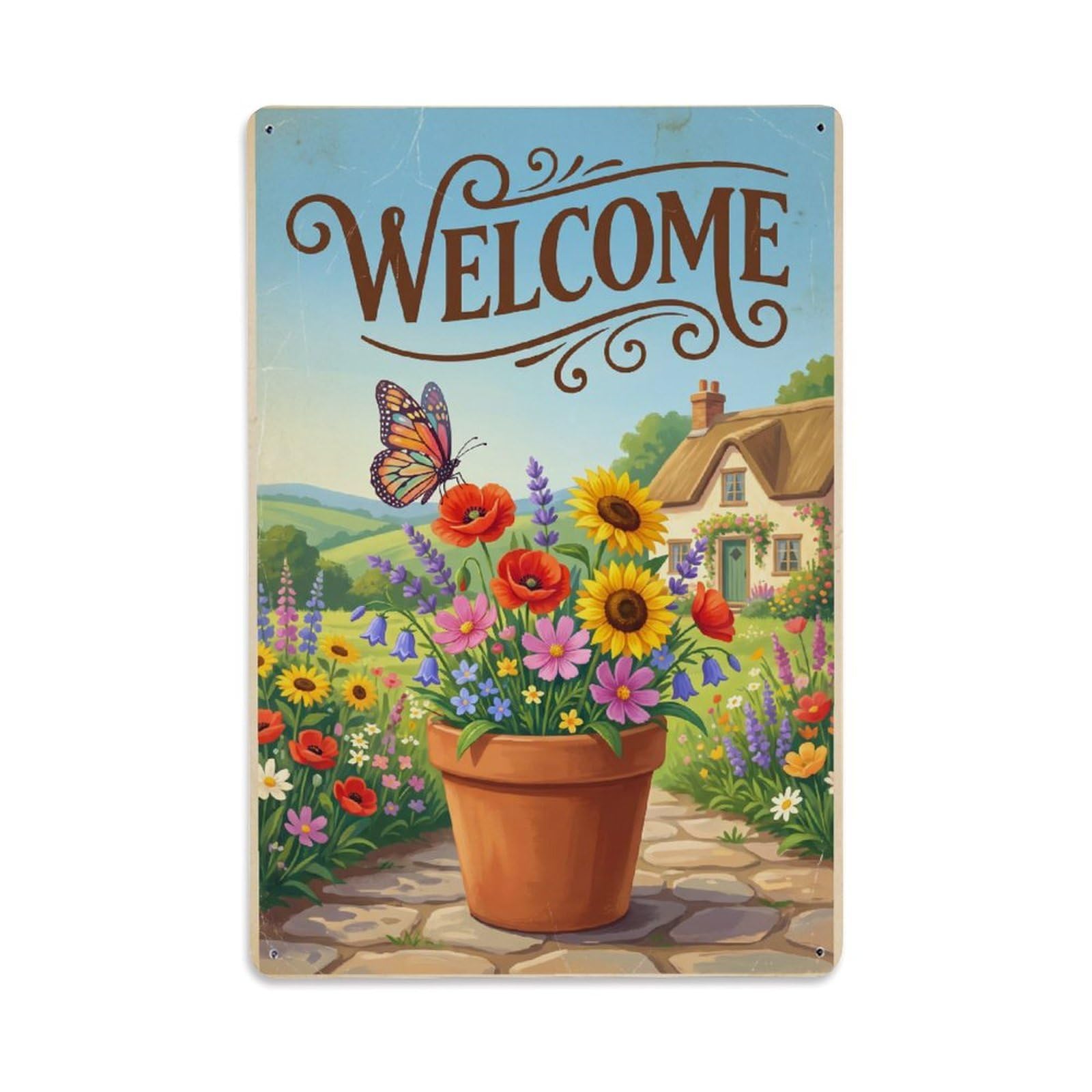 Cxhjca 8X12inch(20X30cm) Vintage Welcome Butterfly Nature Lover Metal Tin Sign