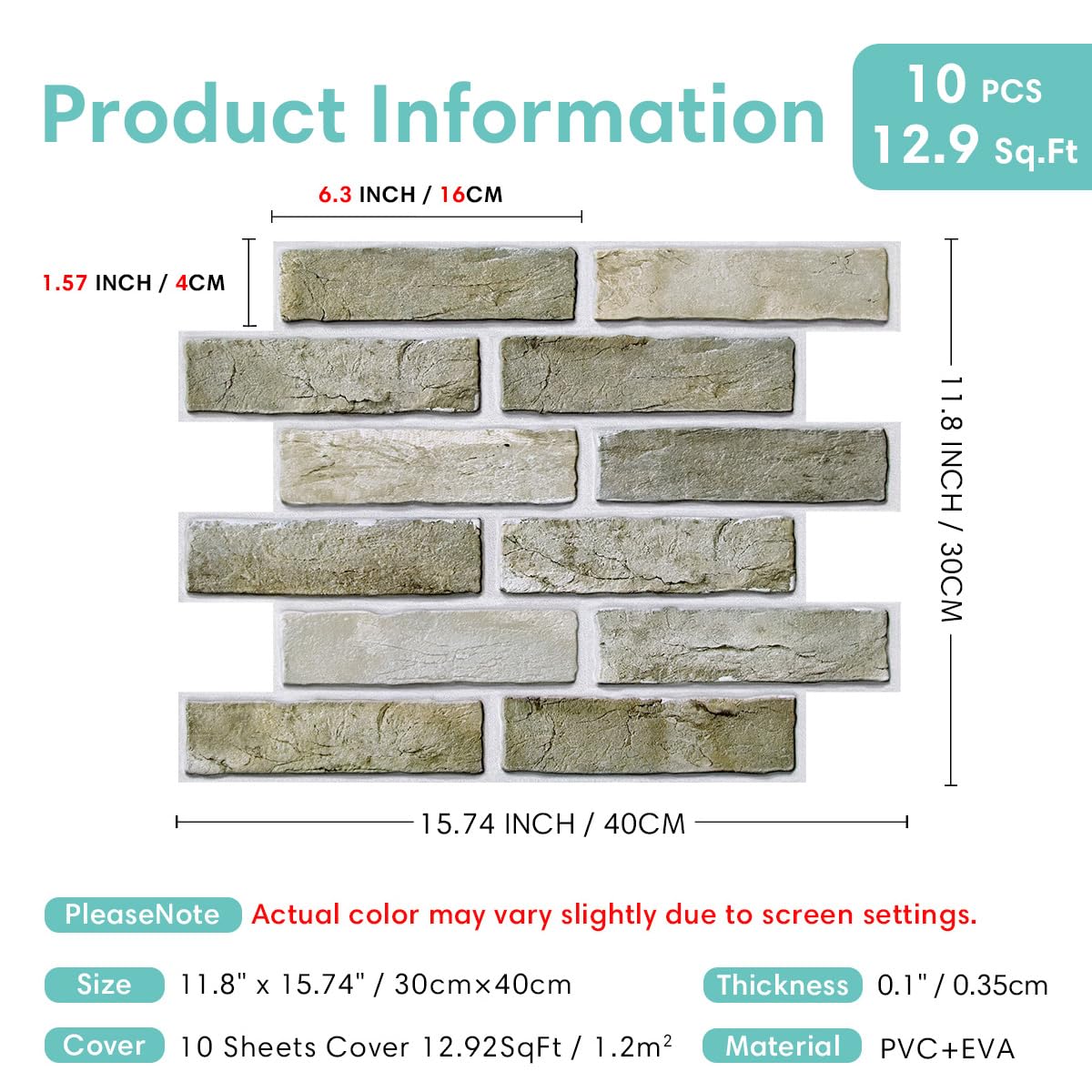Commomy Pannelli da parete 3D in finto mattone, 40 x 30 cm, 10 pezzi | Adesivo da parete ultra leggero in PVC con mattoni finti per cucina, camera da letto, decorazione rapida da parete fai da te