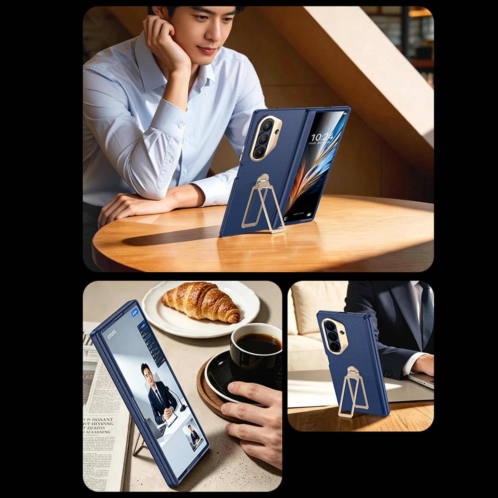 Skórzane etui do Samsung Galaxy Z Fold 7, ukryta podpórka na nadgarstek, etui ze szkła hartowanego, odporne na wstrząsy, czarne, składane 7