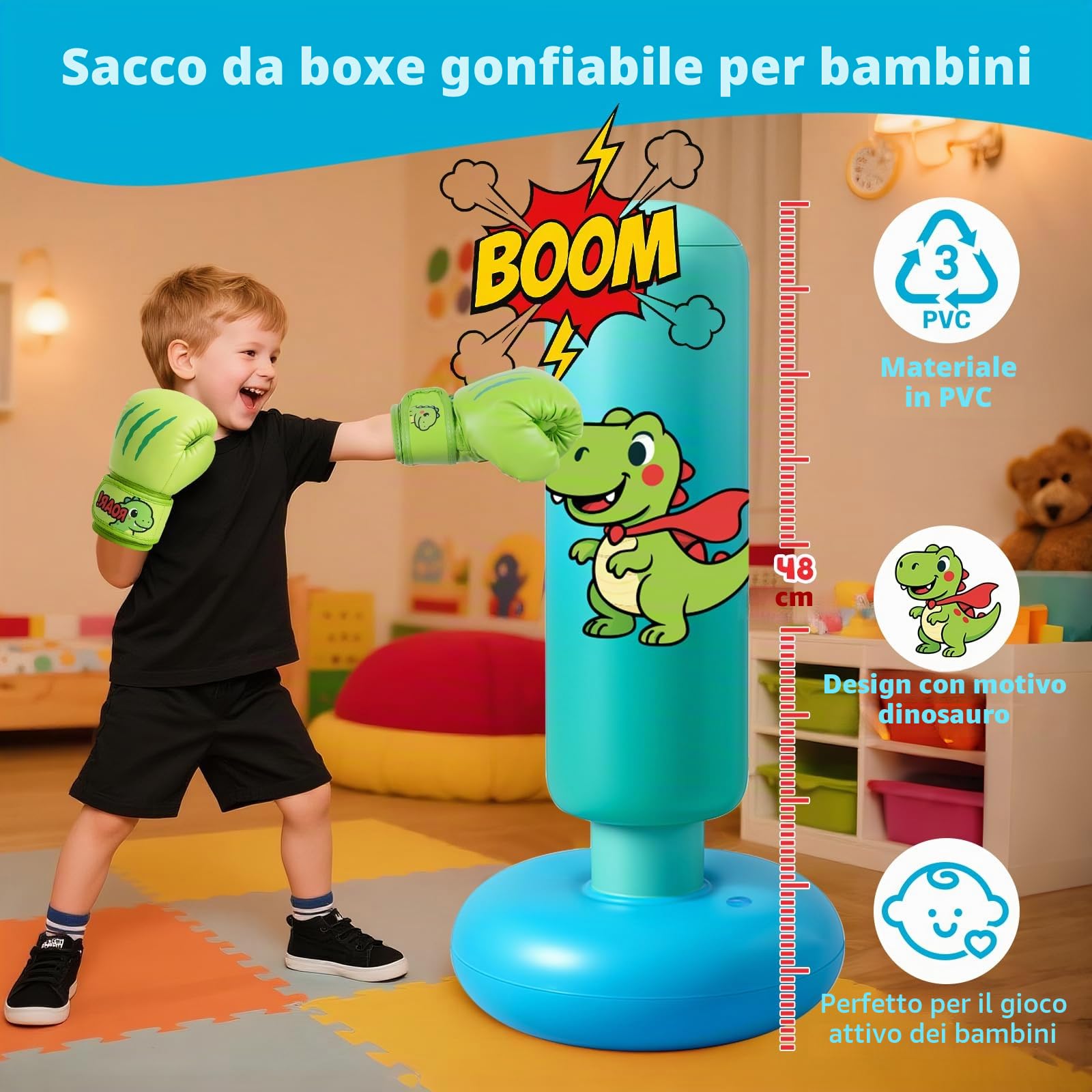 Sacco da Boxe per Bambini, 120cm Sacco da Boxe da Terra con Guantoni per Bambino da 3 a 8 Anni per Karate e Taekwondo, Regalo per Bambini