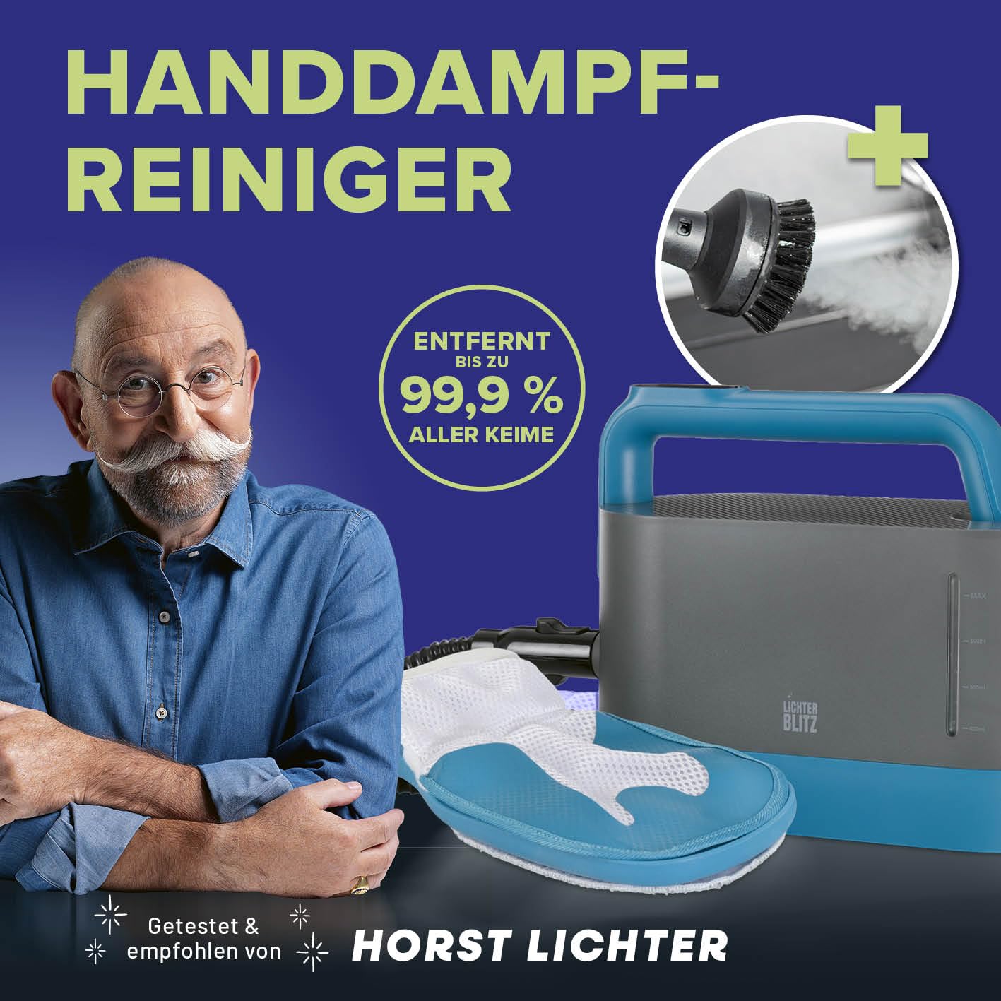 Dampfreiniger Handgerät - kraftvolles 100 °C Dampf Polsterreiniger Gerät, entfernt bis zu 99,9% Keime ohne Chemie | mit Dampfhandschuh, 7 Aufsätzen | 45 Min Laufzeit, 1 l Tank, 1200 Watt