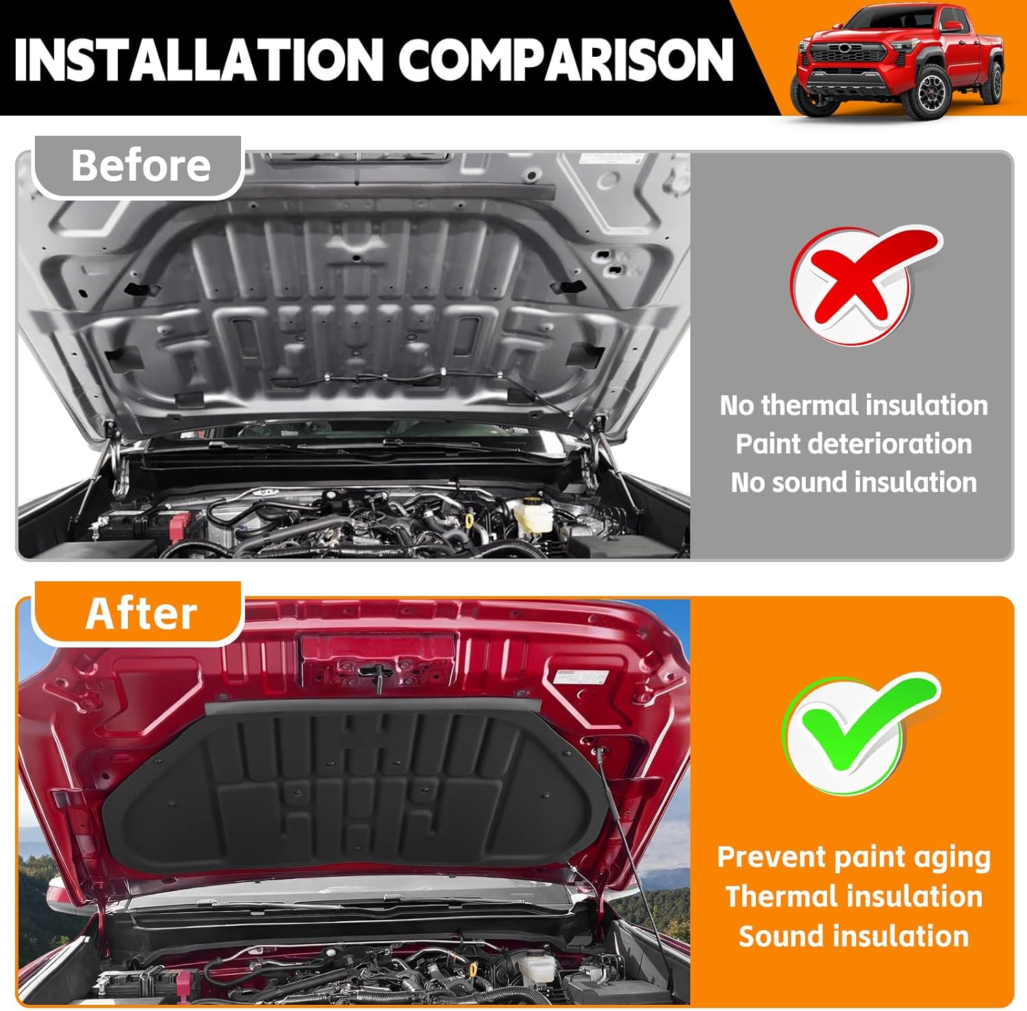Soundproof Liner Compatible with 2024-2026 Toyota Tacoma&2025-2026 4Runner Hood Sound Insulation Mat PET Felt Engine Heat Insulation Shield for Tacoma&4Runner Accessories Tacoma | 2024-2026 & 4Runner | 2025-2026