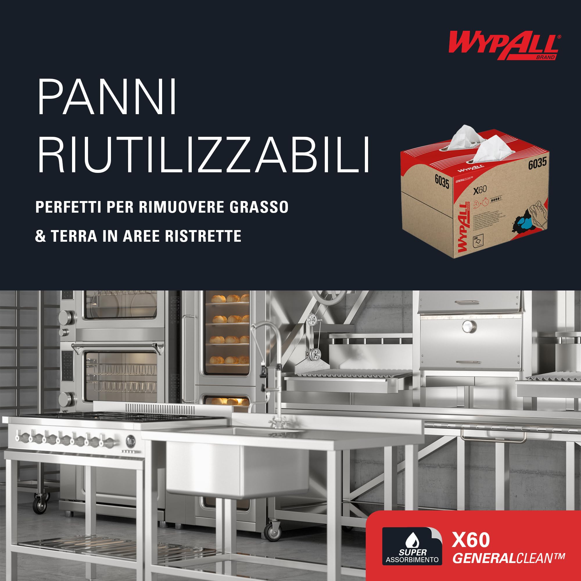 WypAll X60 Panni Industriali Multiuso 6035, Salviette Resistenti e Riutilizzabili, Alta Assorbenza, Tecnologia Hydroknit, 1 Box BRAG da 200 Panni Bianchi