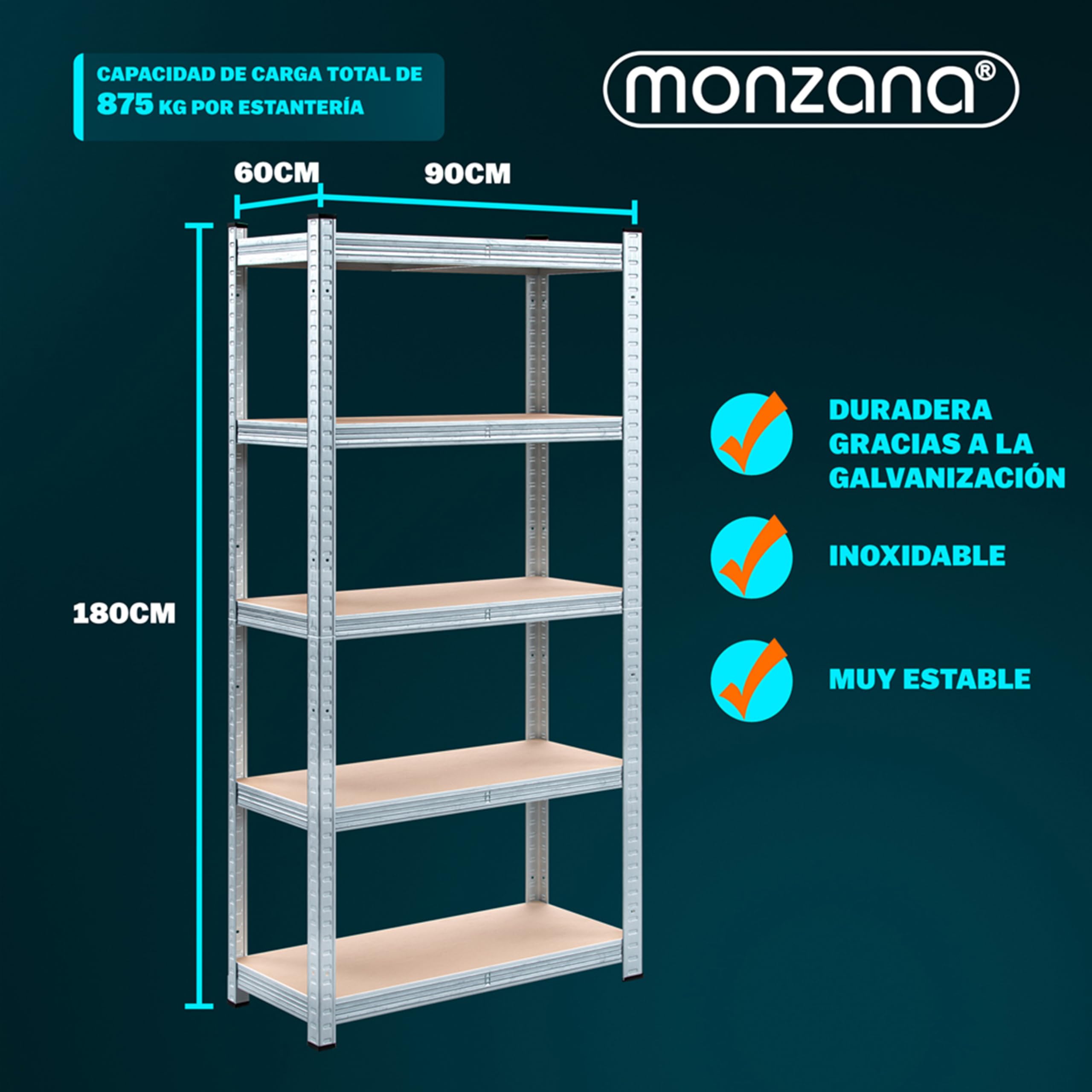 Monzana® Estantería Almacenaje Metálica 180x90x60cm 875kg Estanterías Trastero Cocina Modular para Cargas Pesadas 5 Baldas MDF Taller Garaje Plata