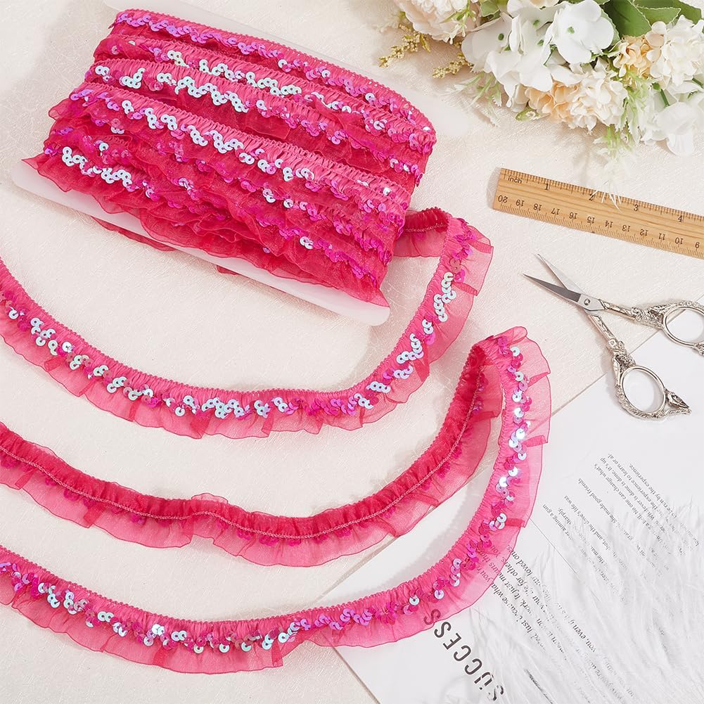 GORGECRAFT 11m 3cm Elastic Organza Fabric Ribbon Sequin Chiffon Lace Edge Trim Hot Pink Gathered Ruffle Pleated Mesh Stretch Fringe Trimming for Sewing Gift Package Wrapping Cloth Craft