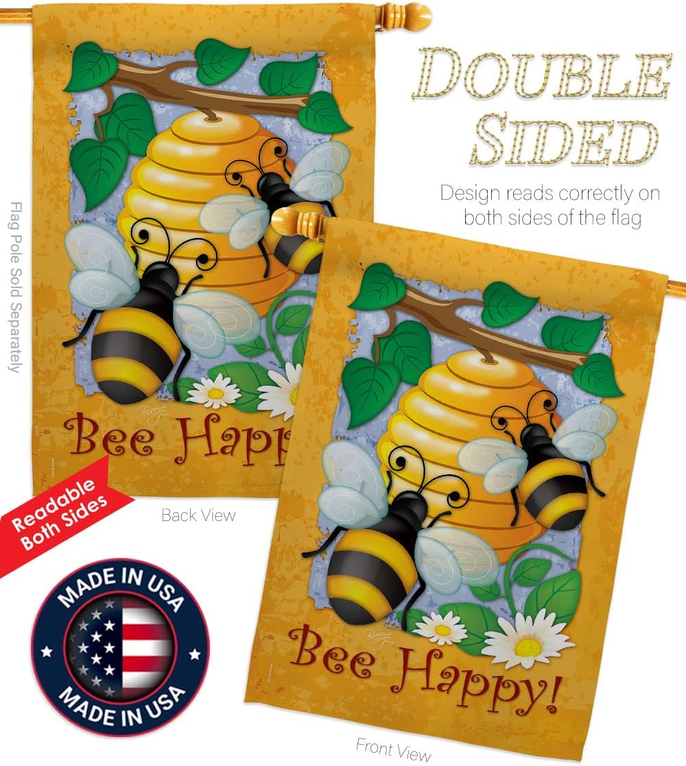 Breeze Decor Bee Happy House Flag Flower Honey Tapestry Front Porch Sign Door Decor Wall Hanging Poster Everyday Decorative Welcome Garden Friends Decorations Made in USA