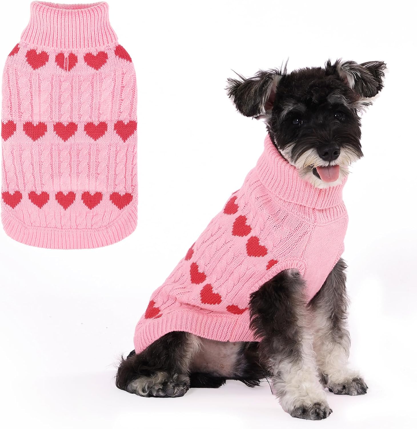 KOOLTAIL Valentine’s Day Dog Sweater Turtleneck, Cold Weather Pullover Classic Knitwear, Heart Pattern Thick Warm Winter Pet Clothes, Cable Knit Sweater for Small Medium Large Dogs Girl Boy, Pink ML