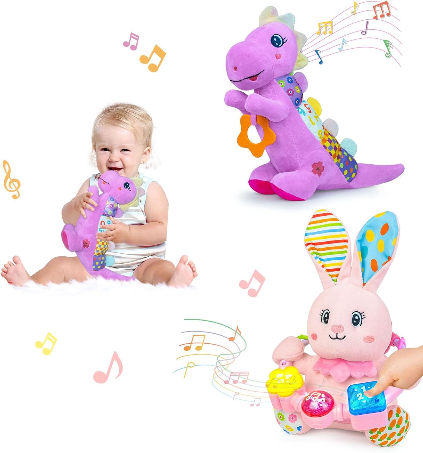 Baby Stuffed Animals Toys 0-6-12 Months, Baby Musical Bilingual Early Learning Toys with Light Up & Sound,Tummy Time Toys for 0 3 6 9 12+ Months for Newborn Girl