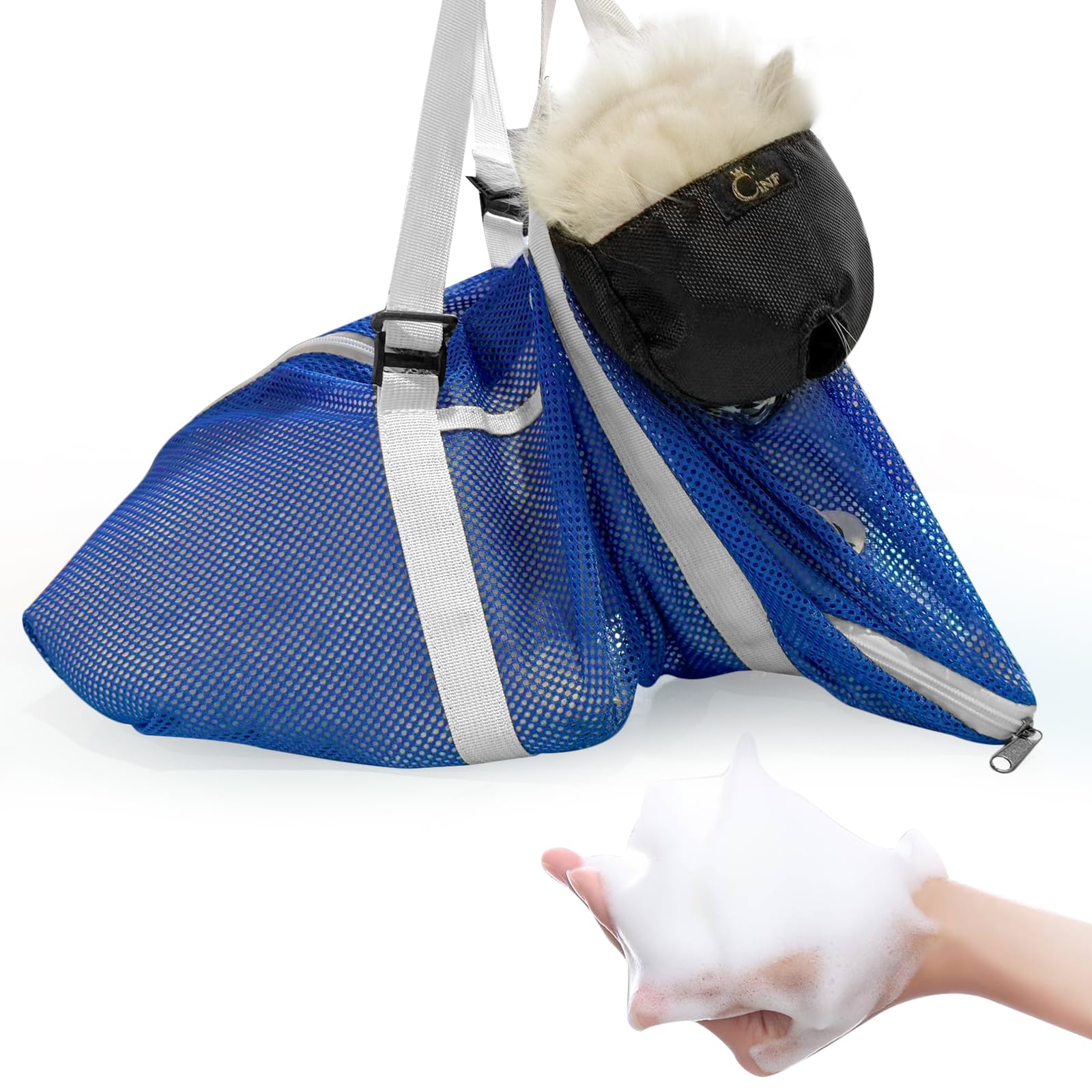 Cinf Cat Bathing Bag(Free Muzzle) Breathable Mesh Anti Scratch Adjustable Cat Grooming Bag for Nail Trimming, Bathing Soft Cat Washing Bag(Blue) M