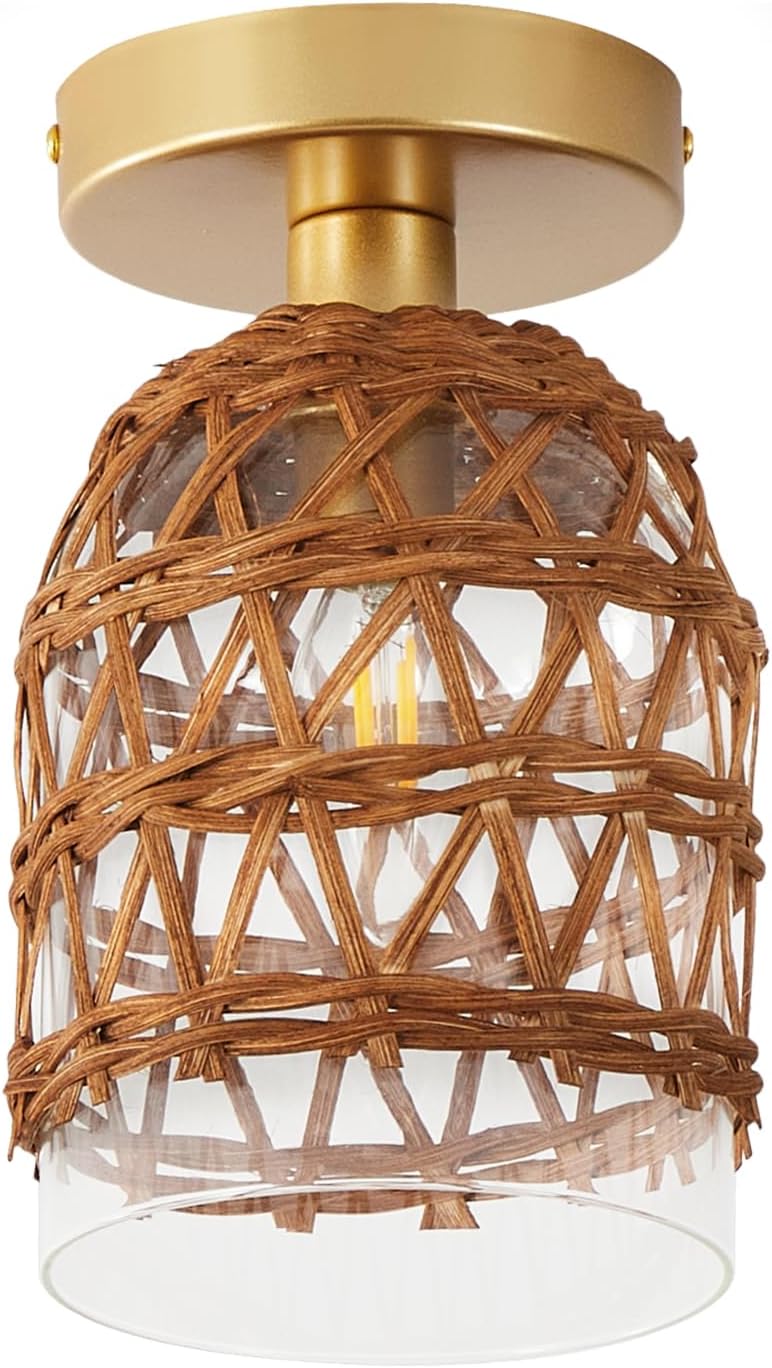 Industrial Ceiling Light, Woven Rattan Modern Clear Glass Chandelier Antique Brass Brush Paint Finish for Hallway Corridor Kitchen Bathroom Bedroom Passway