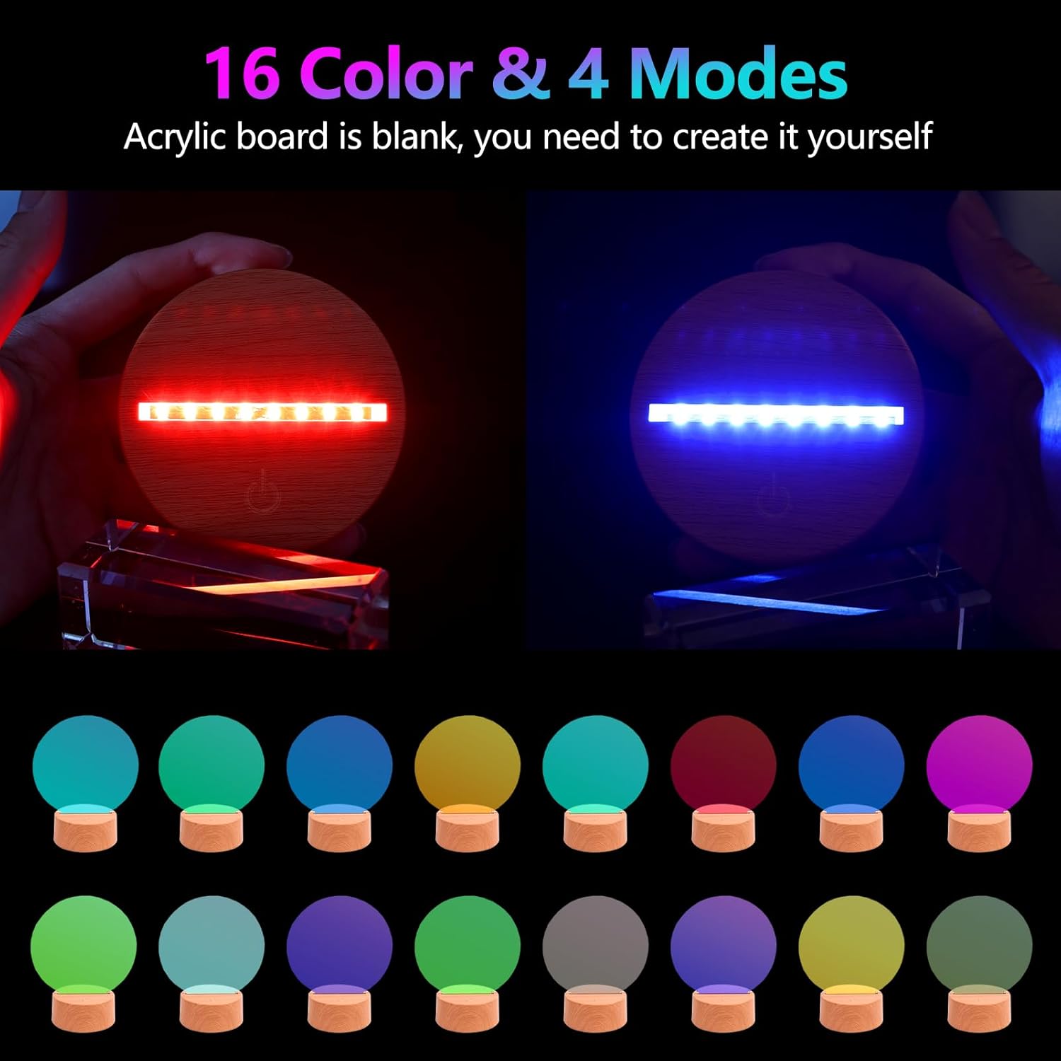 8 Pieces Clear Acrylic Sheets and 8 Pieces 3D Night LED Light Lamp Base with Remote Control and USB Cable, DIY Acrylic Lamp Base Set for Valentine Room Bar Decoration, Wood Color(Round)
